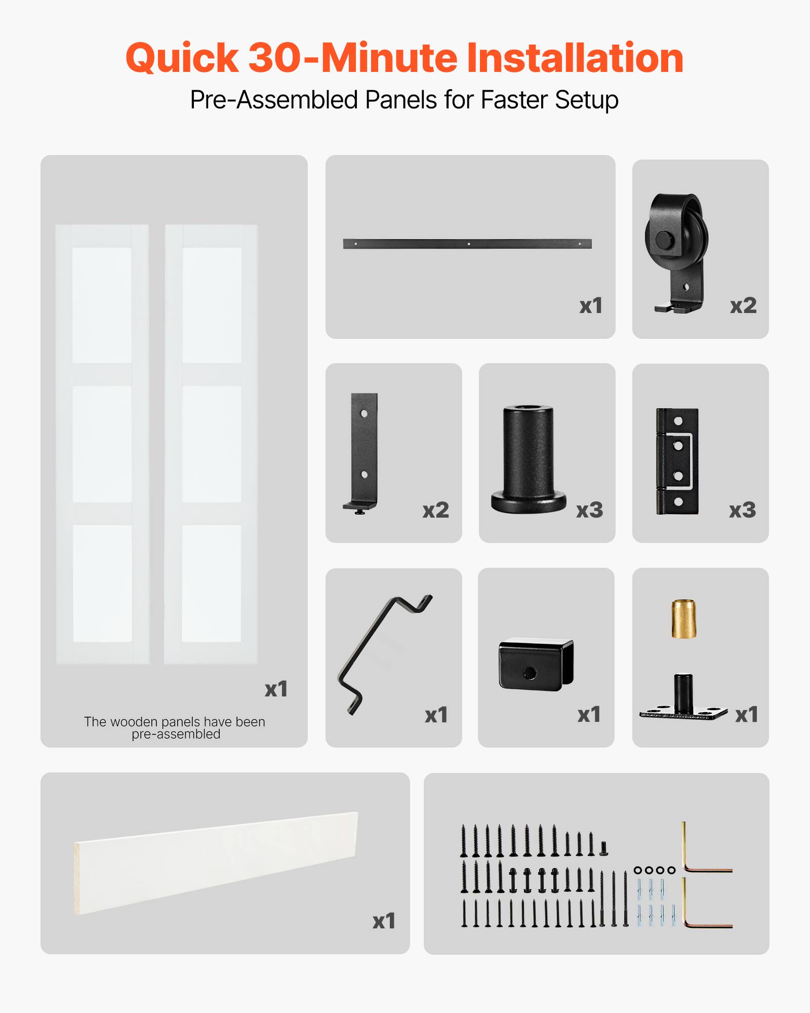 Quick 30-Minute Installation  
Pre-Assembled Panels for Faster Setup  

- Wooden panels: x1  
- Black horizontal bar: x1  
- Black wall mount: x2  
- Black vertical bracket: x2  
- Black cylindrical component: x3  
- Black rectangular bracket: x3  
- Black curved bracket: x1  
- Black rectangular component: x1  
- Black cylindrical component: x1  
- Screws and hardware: x1  

The wooden panels have been pre-assembled