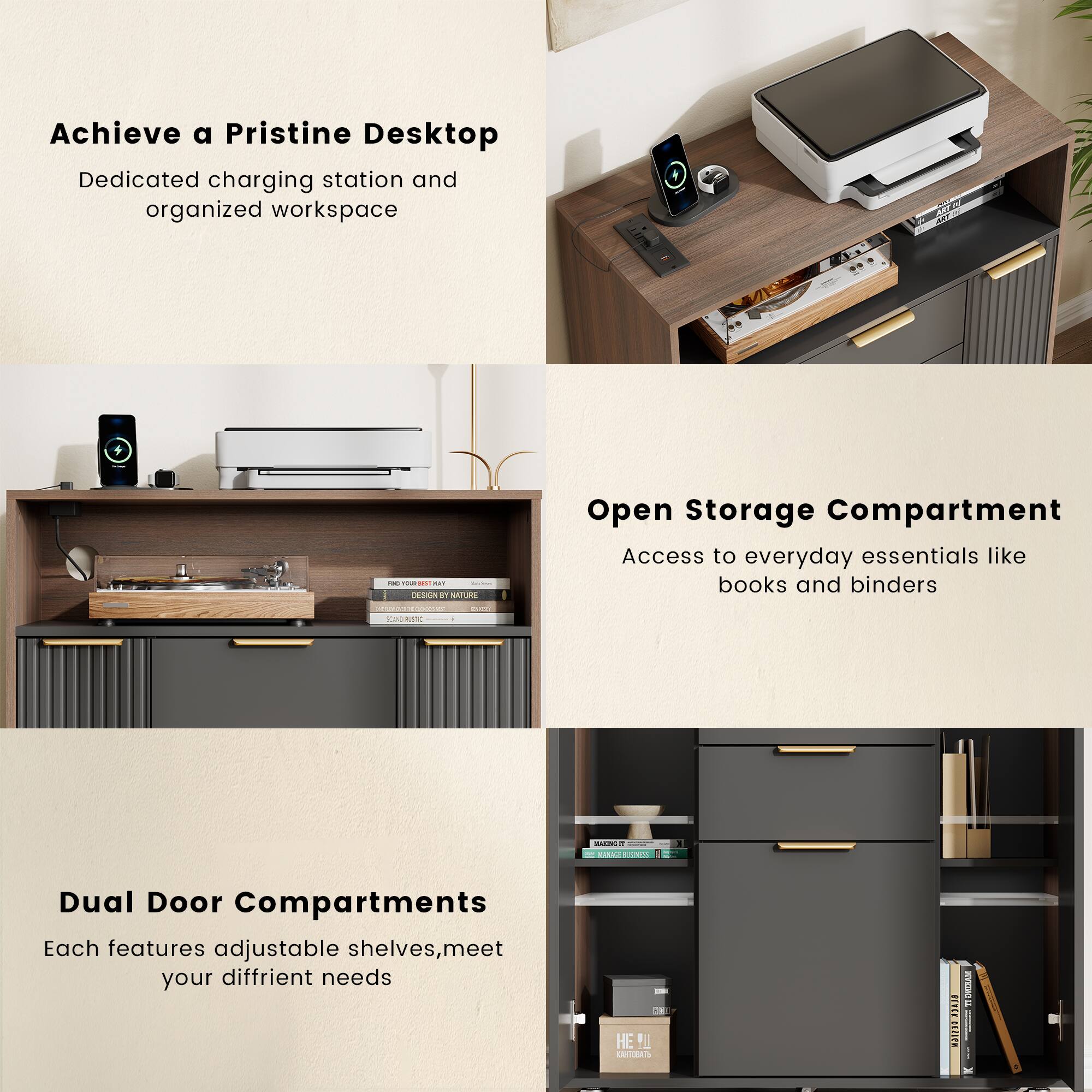 Achieve a Pristine Desktop  
Dedicated charging station and organized workspace

Open Storage Compartment  
Access to everyday essentials like books and binders

Dual Door Compartments  
Each features adjustable shelves, meet your different needs