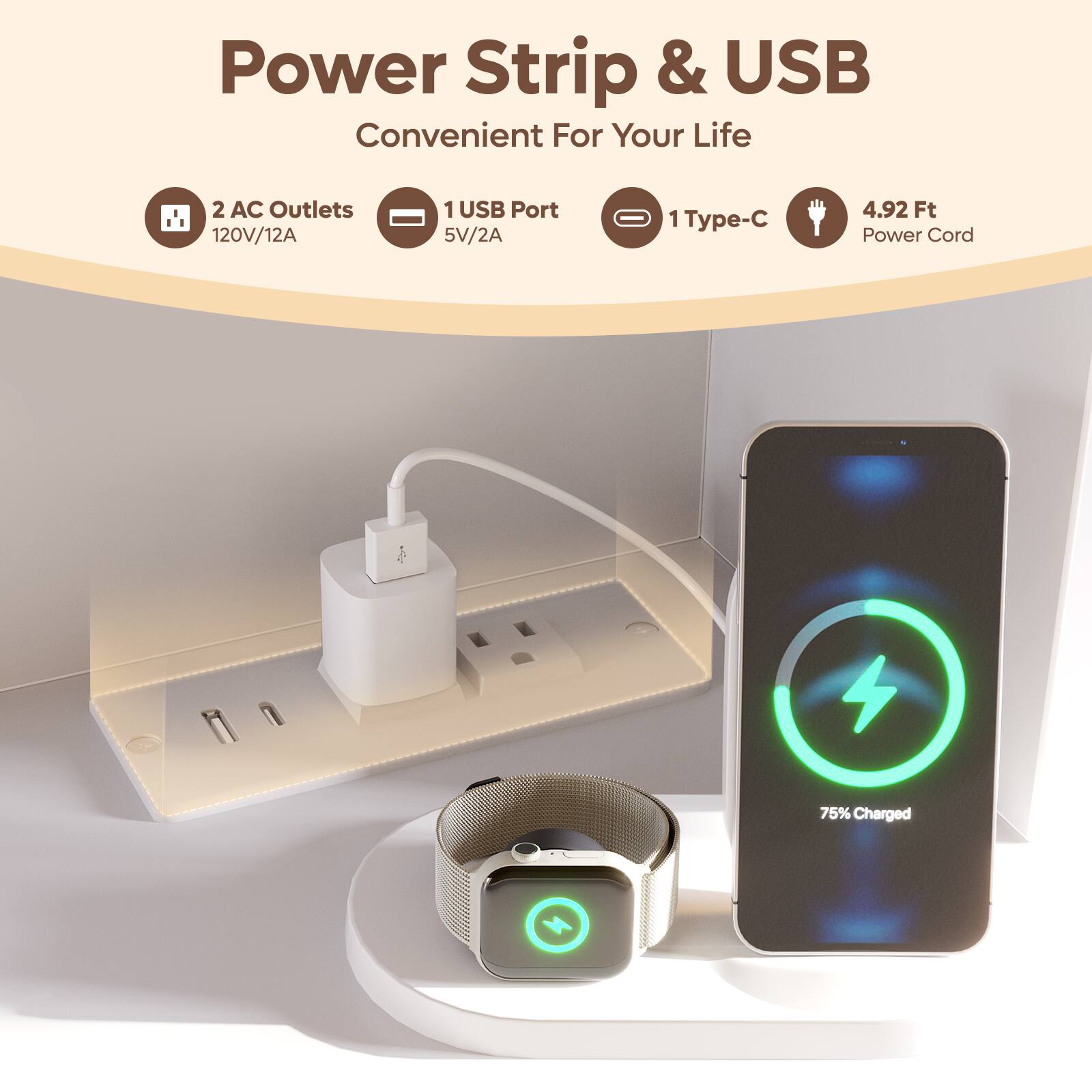 Power Strip & USB  
Convenient For Your Life  

- 2 AC Outlets 120V/12A  
- 1 USB Port 5V/2A  
- 1 Type-C  
- 4.92 Ft Power Cord  
- 75% Charged