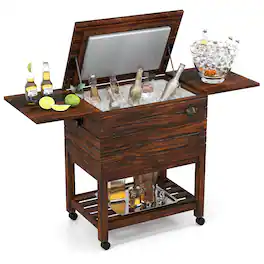 Gymax - 54 Quart Rolling Wooden Patio Cooler Cart w/ 2 Drop Leaf Tables Bottle Opener - Brown