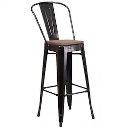 Flash Furniture - Lily 30" High Black-Antique Metal Barstool with Back and Wood Seat - Gold