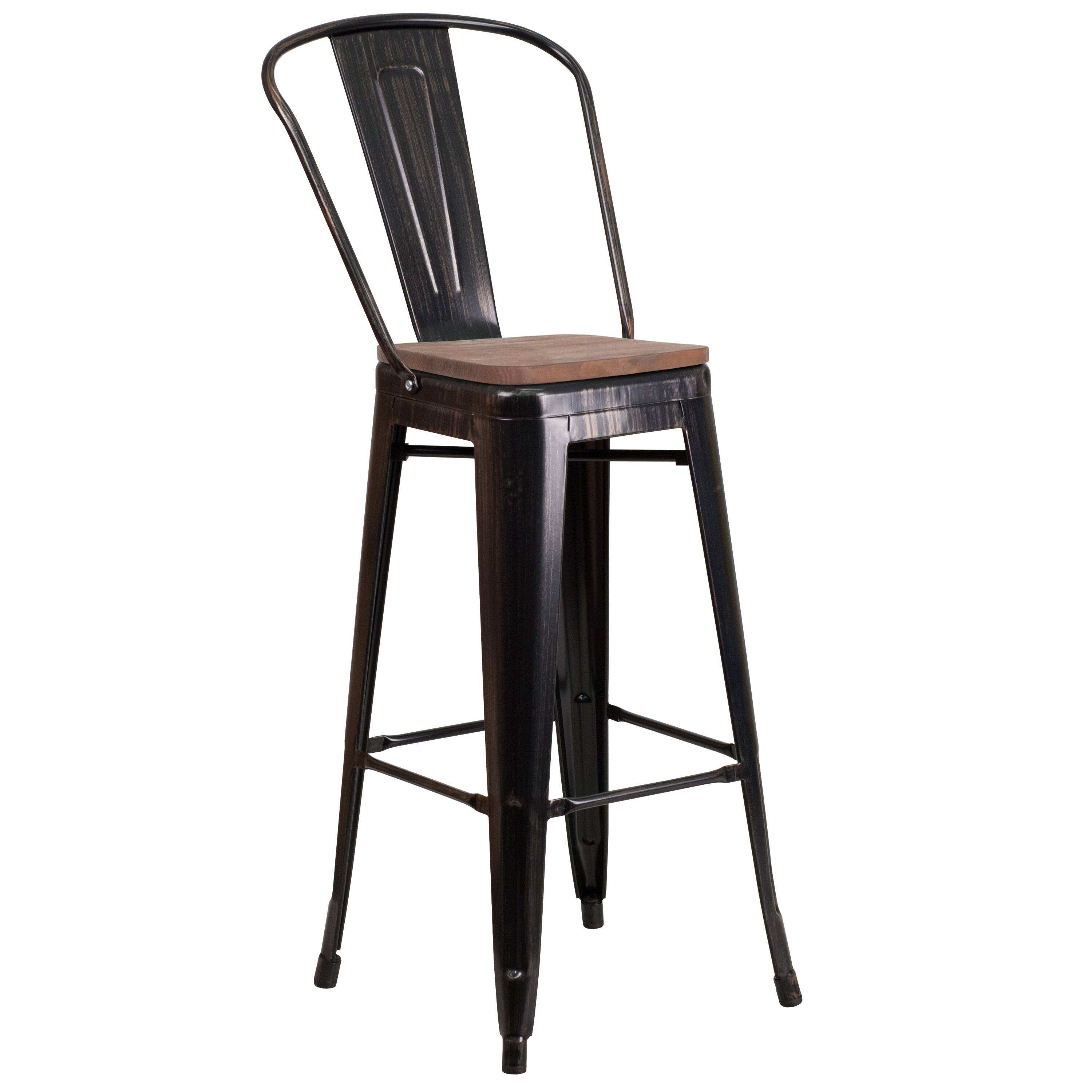 Alt View 1. Emma + Oliver - 30"H Metal Dining Barstool with Back and Square Wood Seat - Black-Antique Gold.