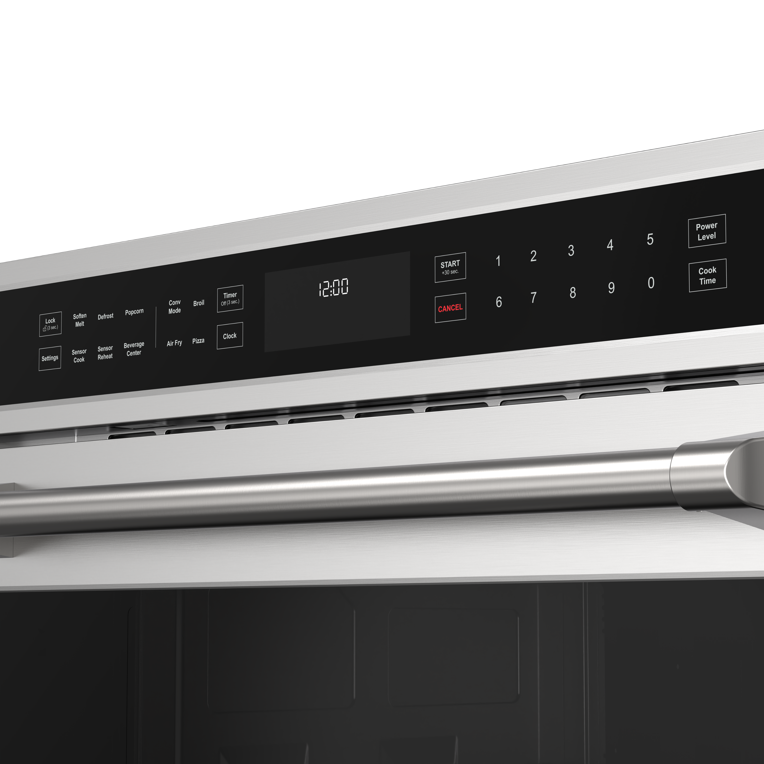 Lock (20 min)  
Soft Melt  
Defrost  
Popcorn  
Convection Mode  
Bake  
Broil  
Timer  
Clock  

Settings  
Sear Cook  
Sensor Cook  
Sensor Baking Center  
Beverage Center  
Air Fry  
Pizza  

12:00  

START  
CANCEL  

1 2 3 4 5  
6 7 8 9 0  

Power Level  
Cook Time