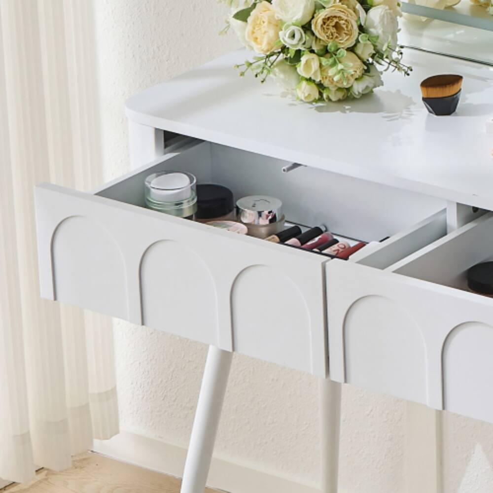 Alt View 6. LUCKY ONE - Modern Vanity Desk with 3-Color LED Mirror, 4 Drawers, Adjustable Side Cabinet and Stool for Bedroom - White.