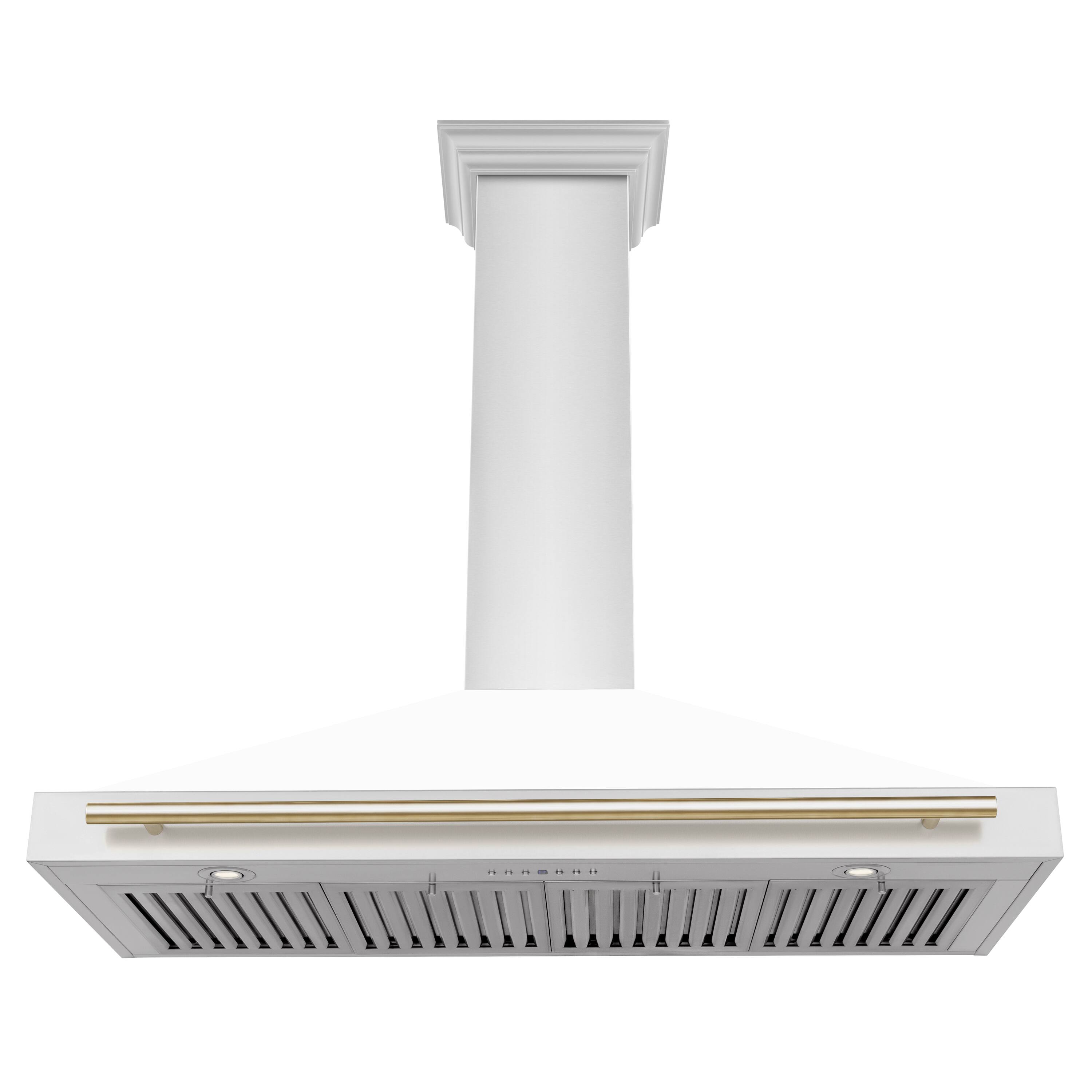 Angle. ZLINE - ZLINE 48 in. Autograph Edition Convertible Stainless Steel Range Hood with White Matte Shell and Polished Gold Accents - White Matte.