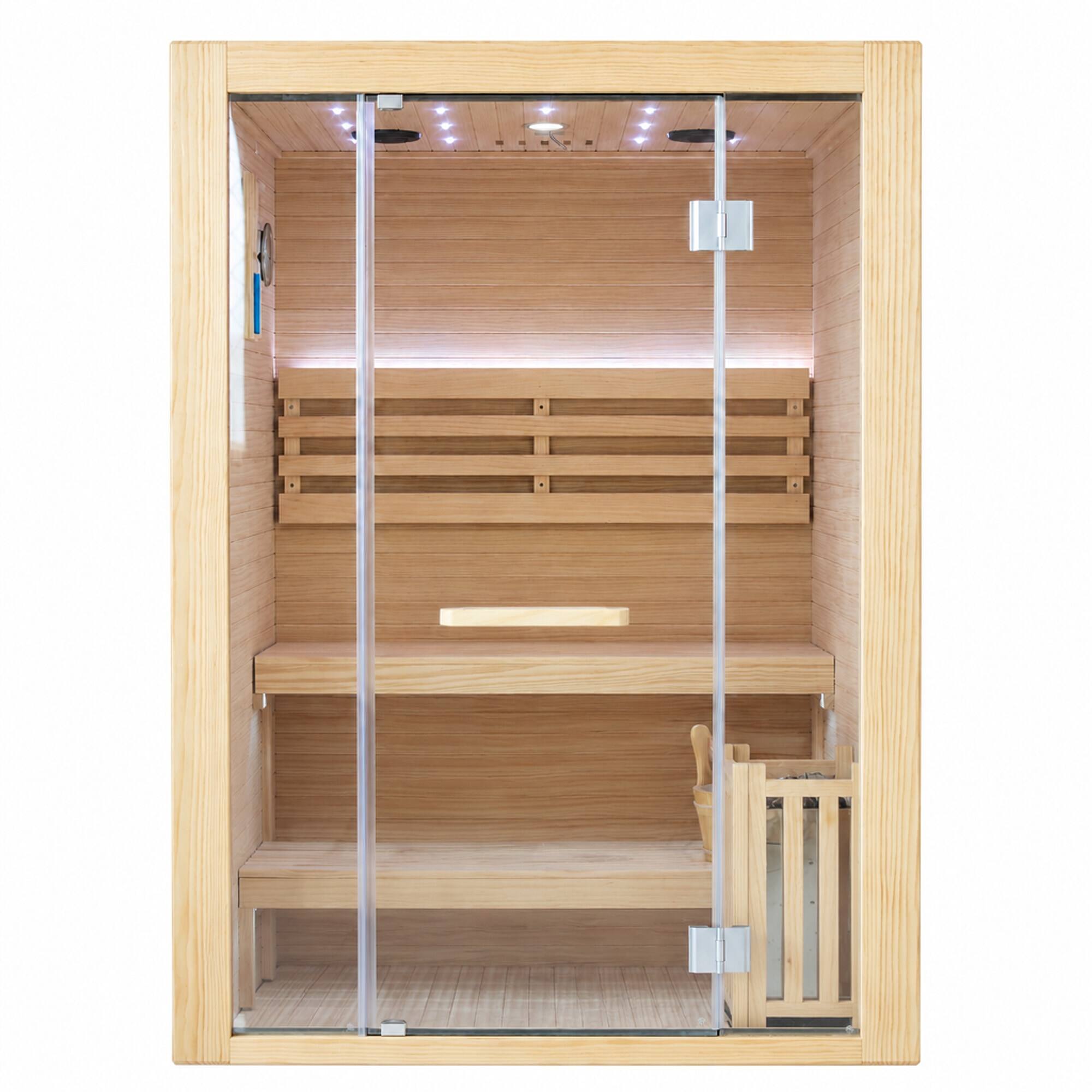 Front. RYHNUYNE - 2 Person Sauna, 3000W Metal Heater, Chilean Pine Wood, Home Spa Room, 90 C Max Temp - Ameican White Oak.