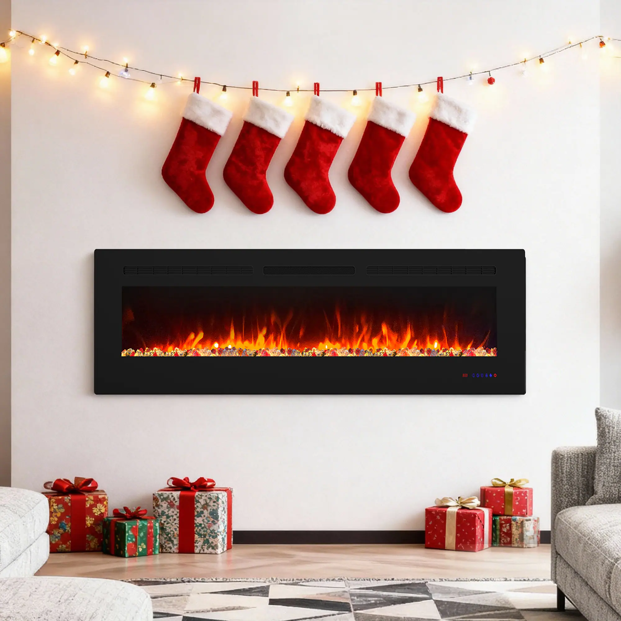 Ihomeadore - 60" Electric Wall-Mounted Recessed Fireplace Insert with Remote, Adjustable Flame Color & Speed - Black