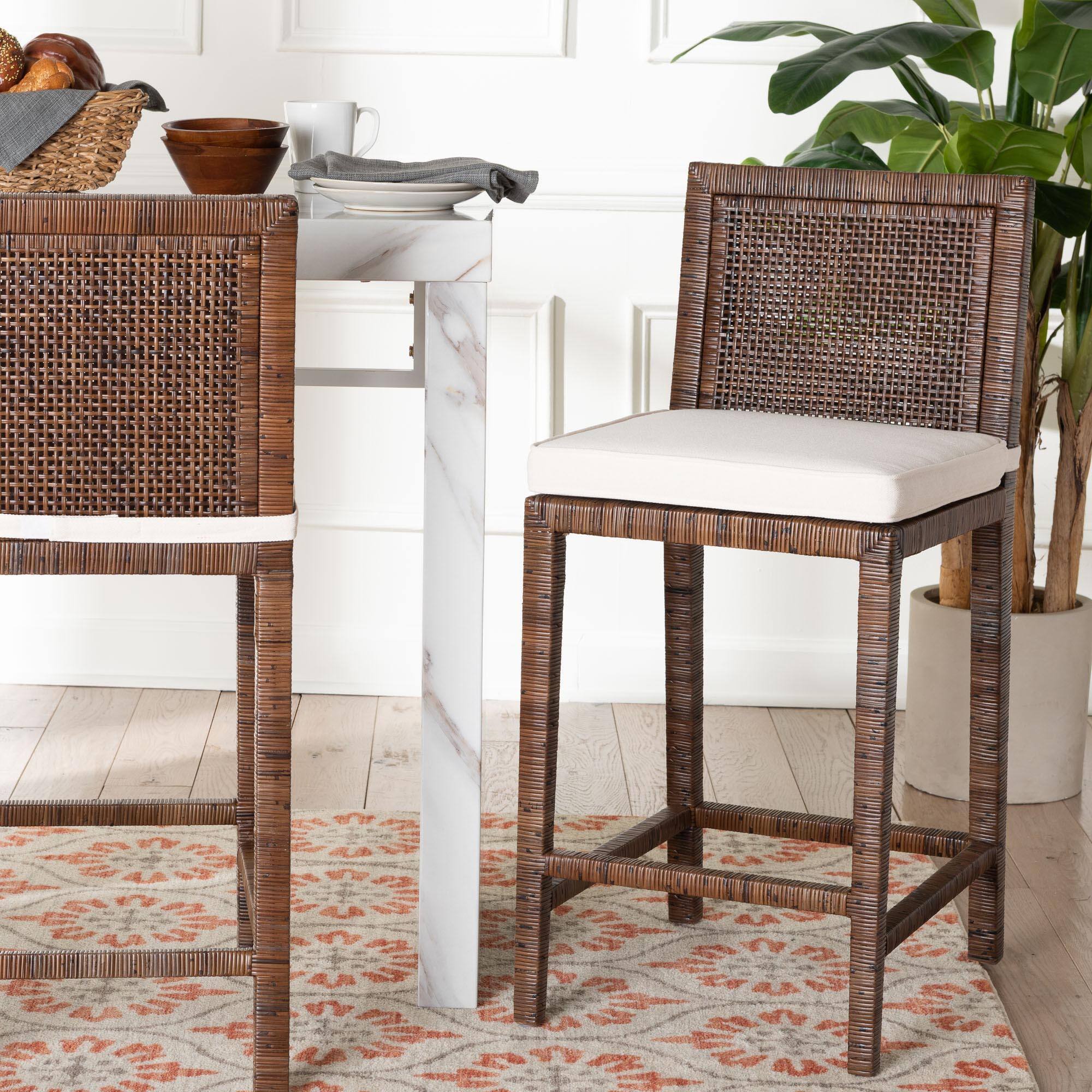 Alt View 4. bali & pari - Sofia Rattan Counter Stool with Mahogany Wood Frame - Handwoven Wicker Counter Height Chair with Cushion - Antique Coffee.