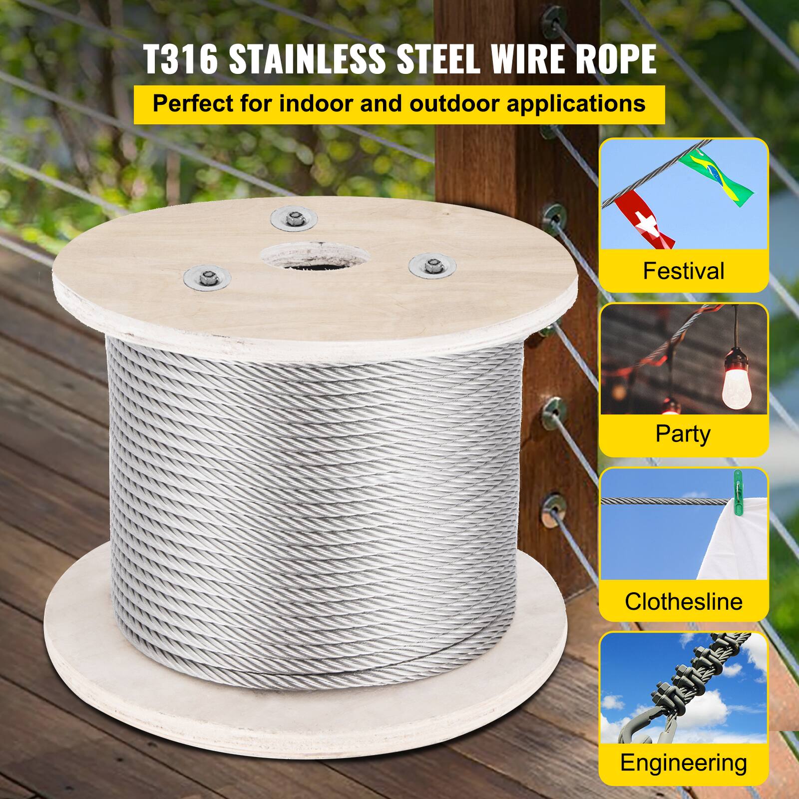 T316 Stainless Steel Wire Rope  
Perfect for indoor and outdoor applications  

- Festival  
- Party  
- Clothesline  
- Engineering