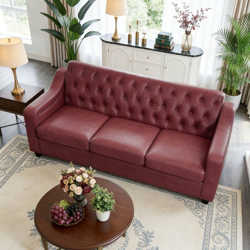Angle. Dyonery - Dyonery 78" Faux Leather Sofa Couch with Solid Wood Legs, Modern Tufted 3-Seater Sofa,Vintage Button-Tufted Sofa - Red.