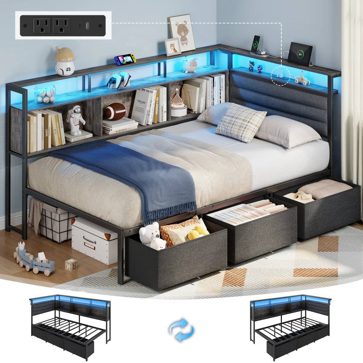 Alt View 3. Furnulem - Corner Bed Frame with 3 Drawers and Storage Bookcase Daybed with Charging Station and LED Lights - Gray.