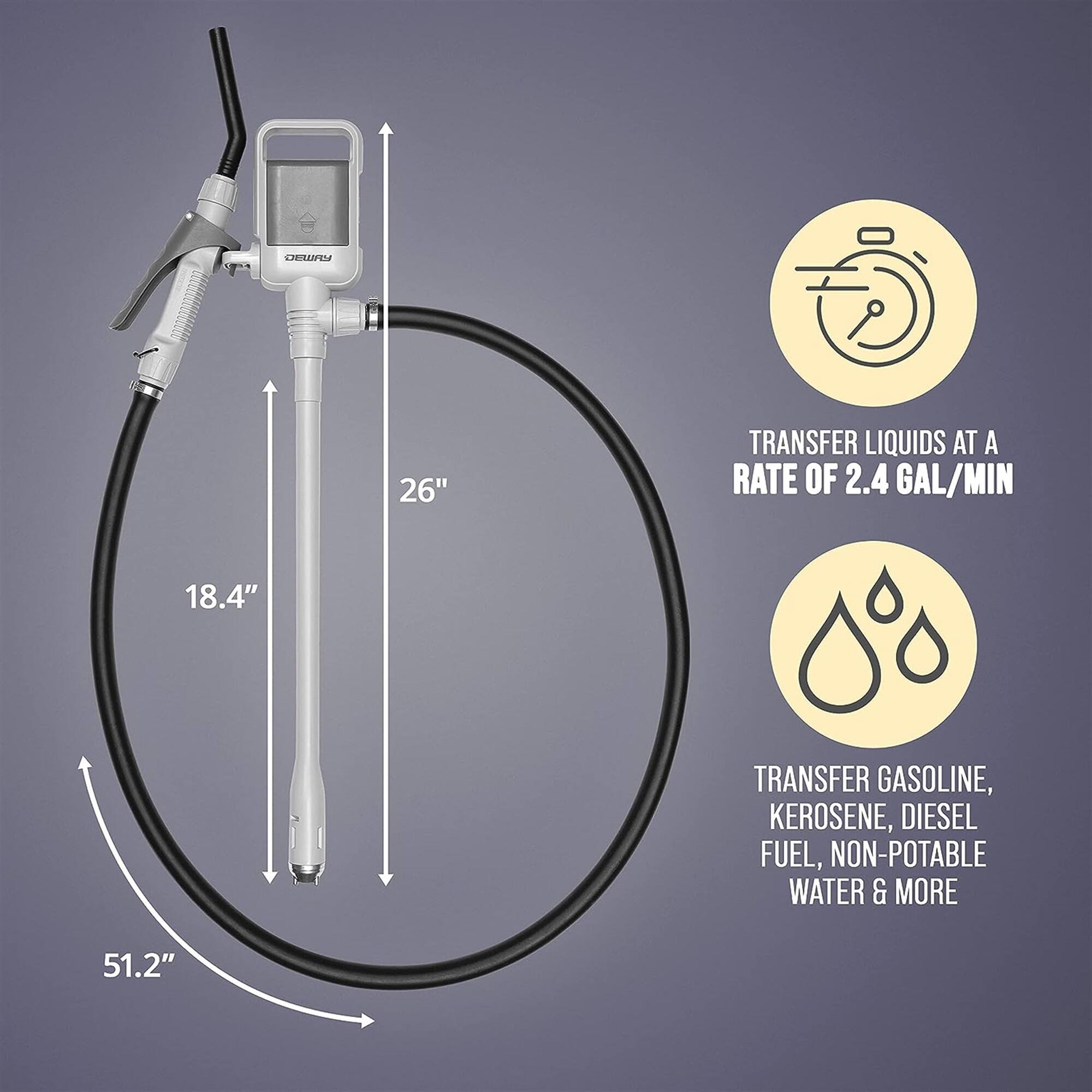 CHIL 26" 18.4" 51.2" TRANSFER LIQUIDS AT A RATE OF 2.4 GAL/MIN TRANSFER GASOLINE, KEROSENE, DIESEL FUEL, NON-POTABLE WATER & MORE