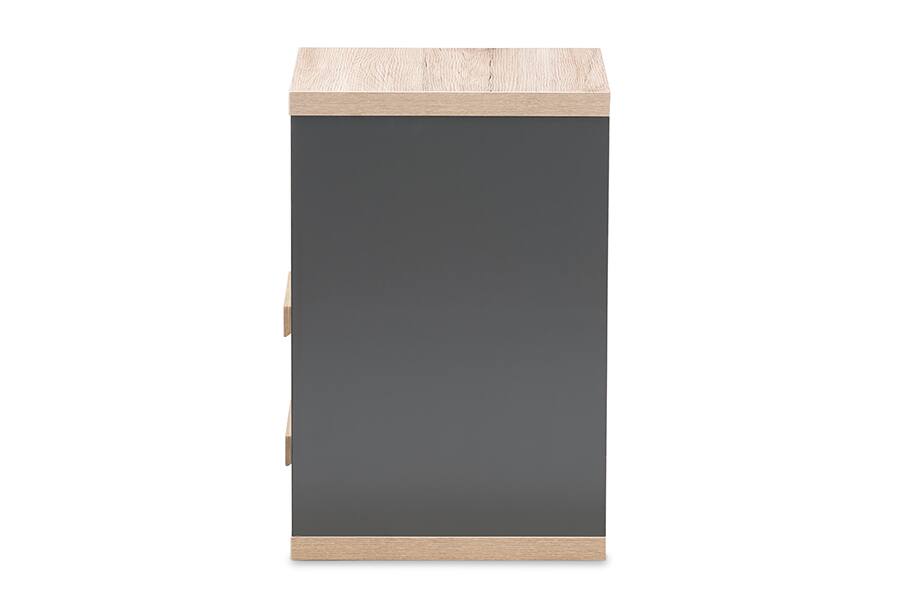 Angle. Baxton Studio - Pandora Modern and Contemporary Two-Tone 2-Drawer Nightstand - Dark Grey/"Oak" Light Brown.