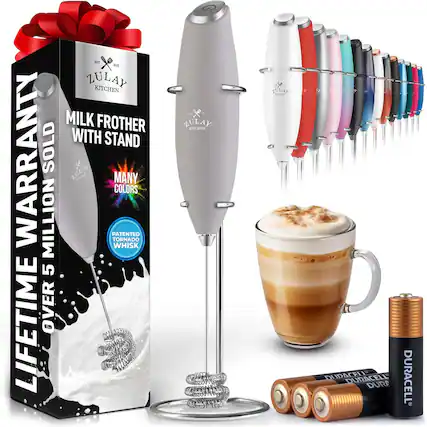 ZULAY KITCHEN
MILK FROTHER WITH STAND
LIFETIME WARRANTY
OVER 5 MILLION SOLD
MANY COLORS
PATENTED TORNADO WHISK
DURACELL