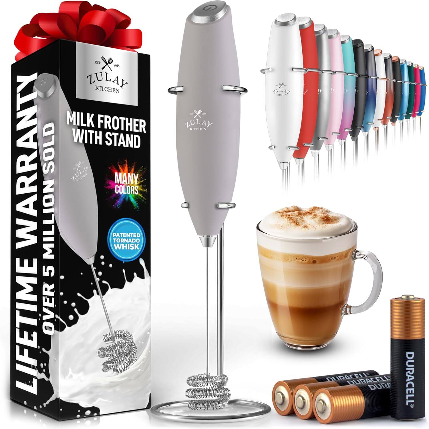 ZULAY KITCHEN  
MILK FROTHER WITH STAND  
LIFETIME WARRANTY  
OVER 5 MILLION SOLD  
MANY COLORS  
PATENTED TORNADO WHISK  
DURACELL