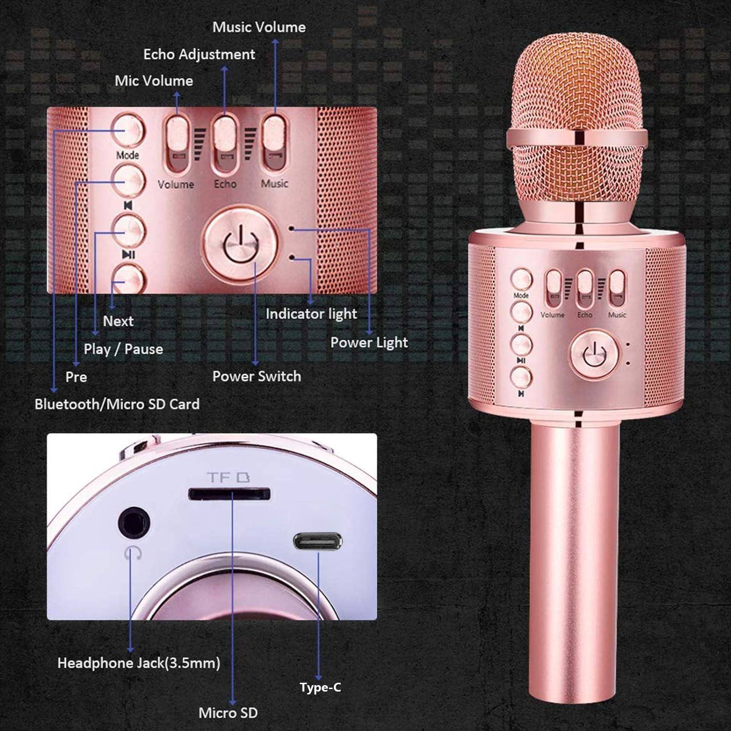 - Music Volume
- Echo Adjustment
- Mic Volume
- Mode
- Volume
- Echo
- Music
- Next
- Play / Pause
- Pre
- Indicator light
- Power Light
- Power Switch
- Bluetooth/Micro SD Card
- Headphone Jack(3.5mm)
- Micro SD
- Type-C