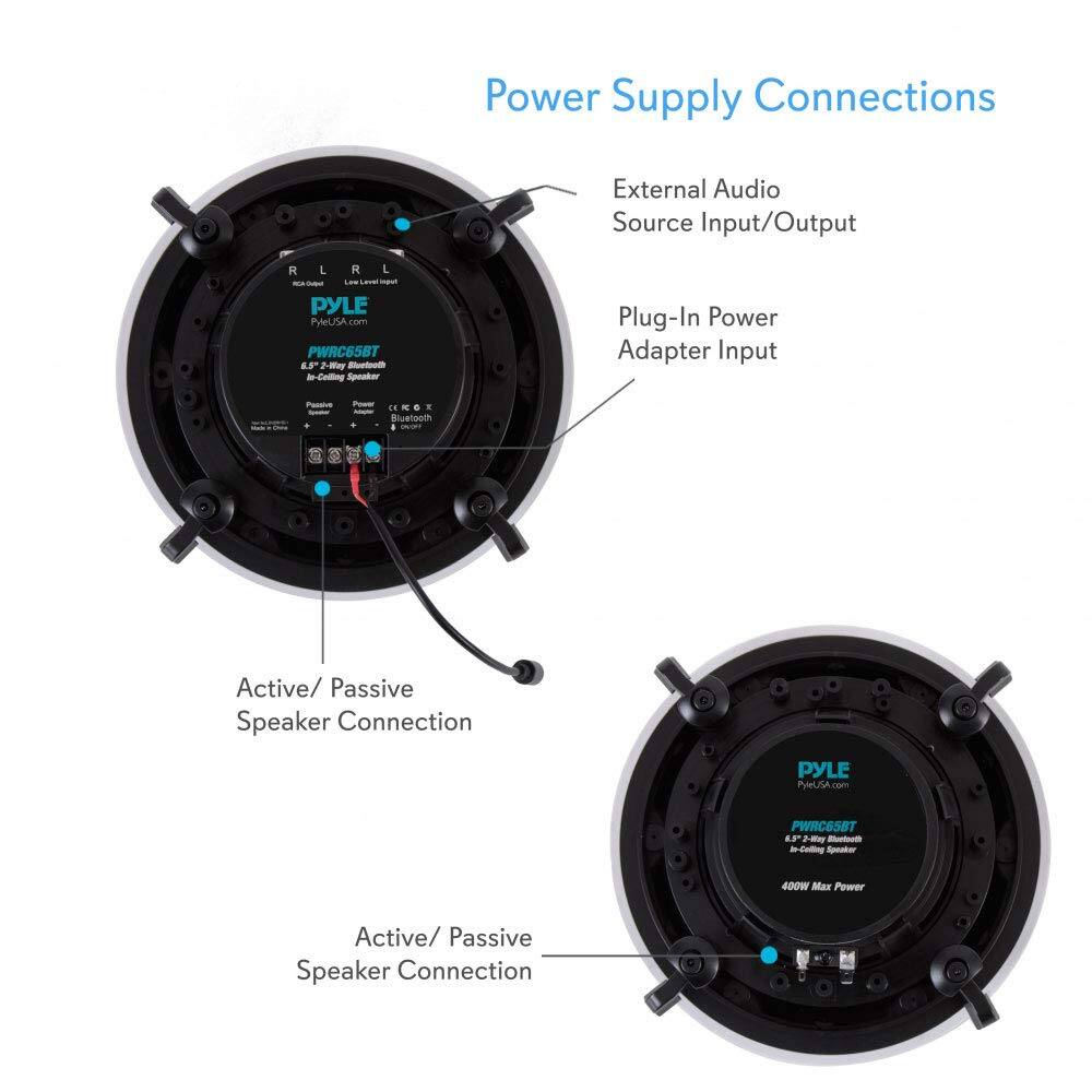 Power Supply Connections

- External Audio Source Input/Output
- Plug-In Power Adapter Input
- Active/ Passive Speaker Connection
- Active/ Passive Speaker Connection

PYLE
PYLE.com
PWRC65BT
6.5" 2-Way Bluetooth
400W Max Power