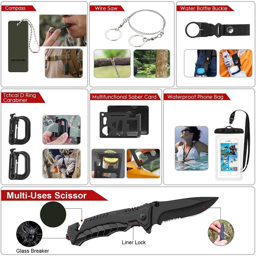 Compass  
Wire Saw  
Water Bottle Buckle  
Tactical D Ring Carabiner  
Multifunctional Saber Card  
Waterproof Phone Bag  
Multi-Uses Scissor  
Liner Lock  
Glass Breaker