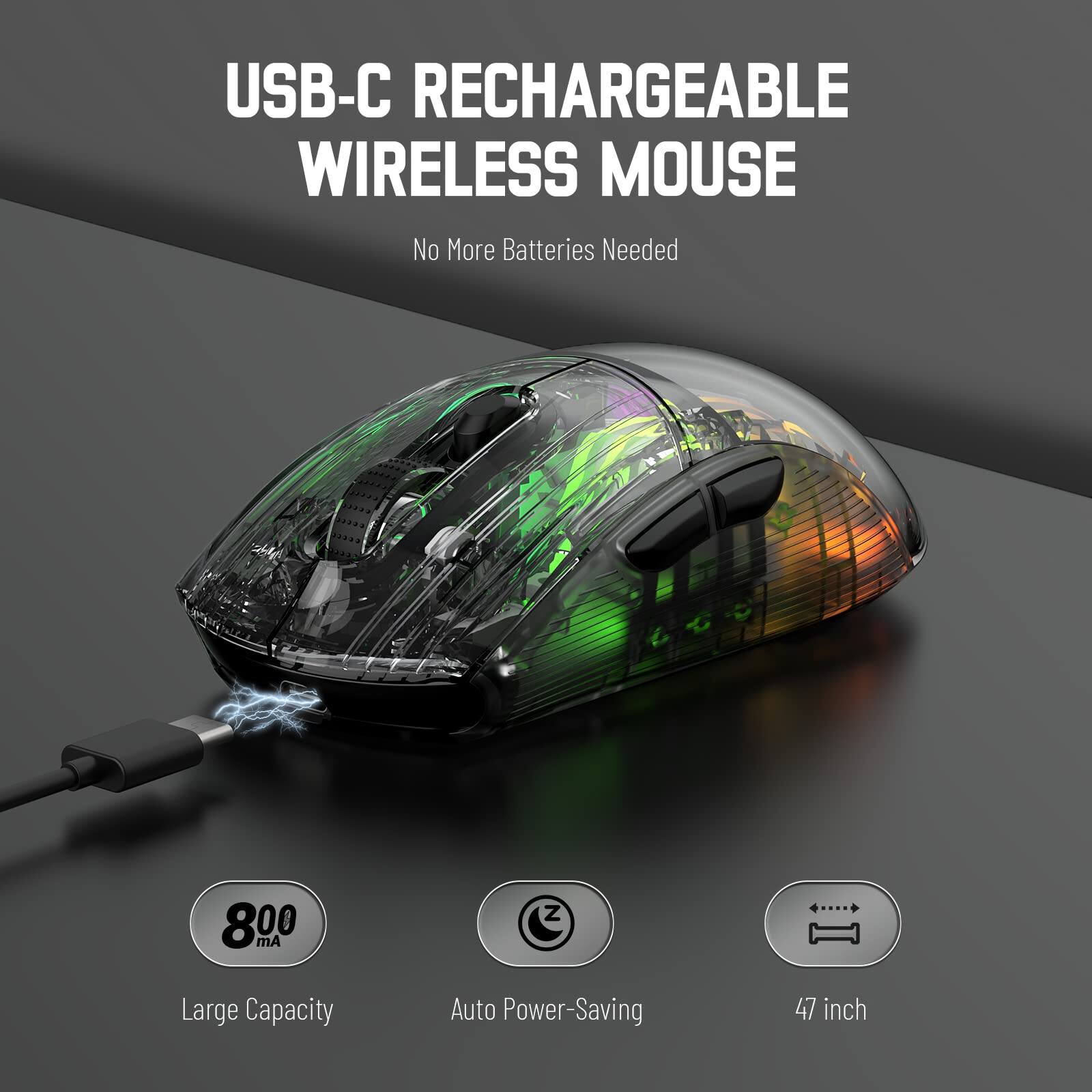 USB-C RECHARGEABLE WIRELESS MOUSE  
No More Batteries Needed  

800 mA  
Large Capacity  

Auto Power-Saving  

47 inch