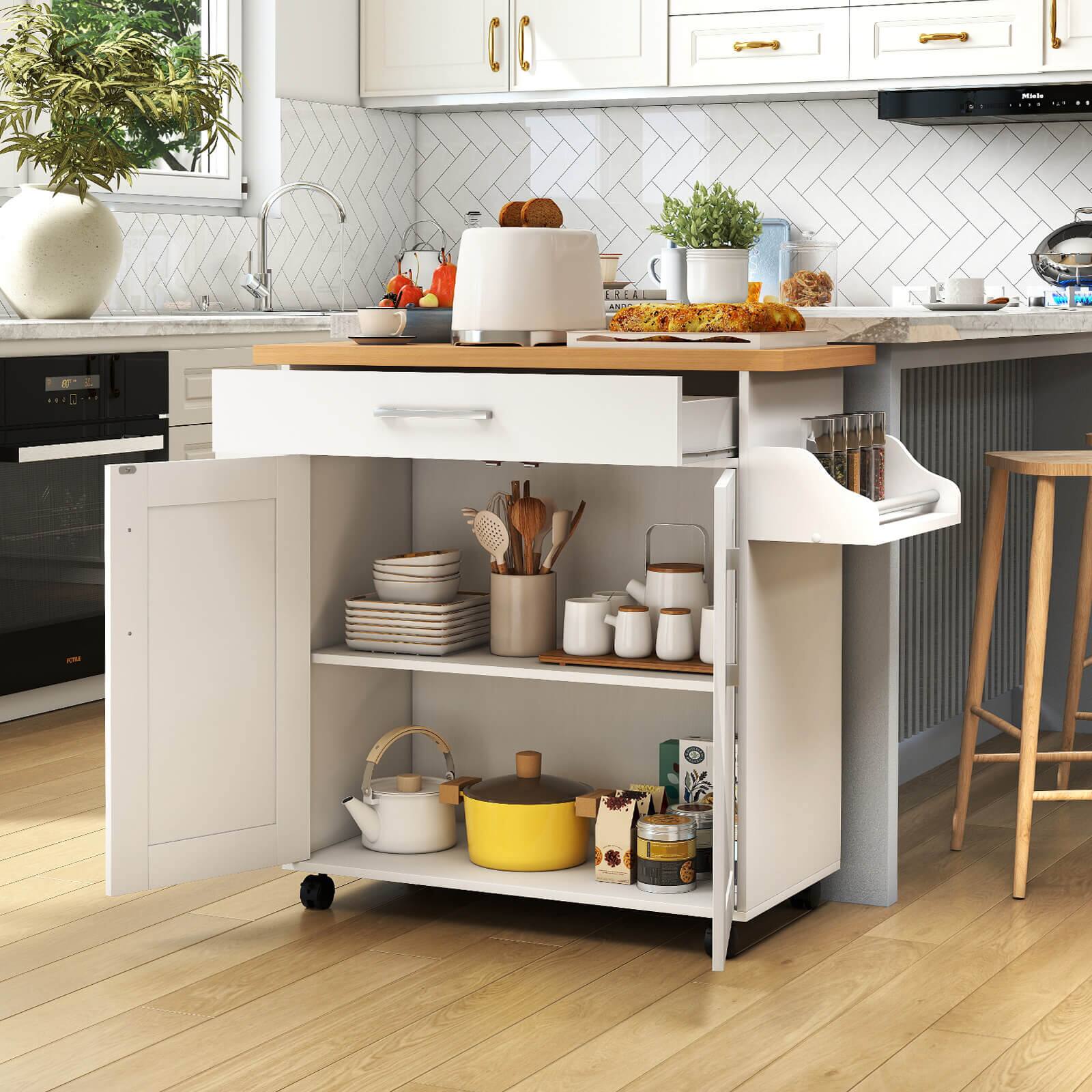 Alt View 3. Costway - Costway Rolling Kitchen Island Cart Storage Cabinet w/ Towel & Spice Rack - White.