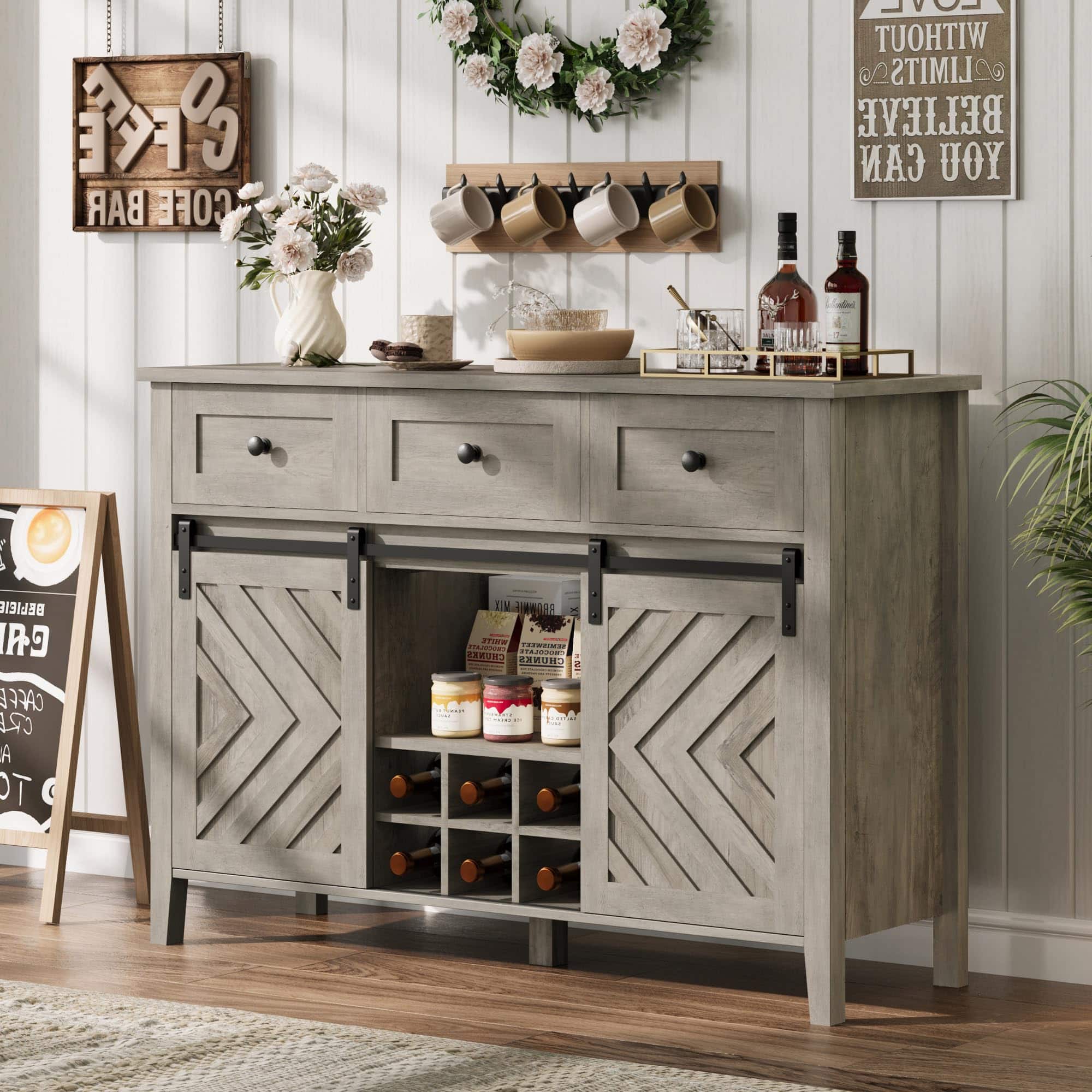 Jojoka - 47.2" Sideboard Buffet Cabinet with Barn Door, 3 Drawers, Adjustable Shelf & Removable Wine Rack - Gray