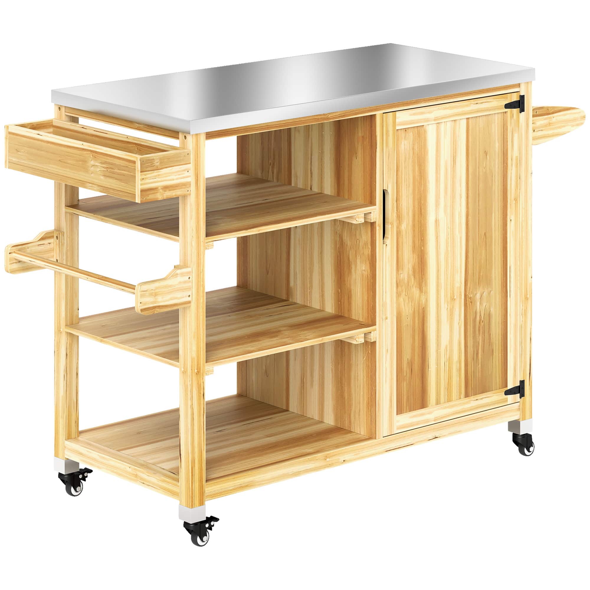 Outsunny - Grill Cart with Stainless Steel Top, Solid Wood Outdoor Kitchen Island with Wheels - Natural Wood