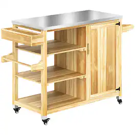 Outsunny - Grill Cart with Stainless Steel Top, Solid Wood Outdoor Kitchen Island with Wheels - Natural Wood