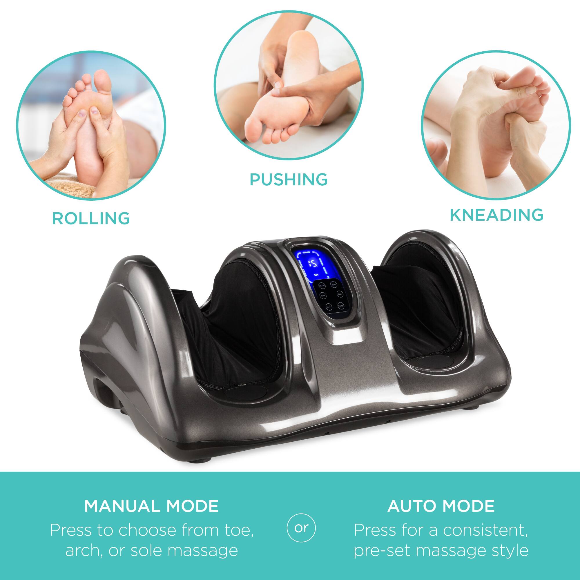 PUSHING, ROLLING, KNEADING

1. MANUAL MODE: Press to choose from toe, arch, or sole massage.
2. AUTO MODE: Press for a consistent, pre-set massage style.