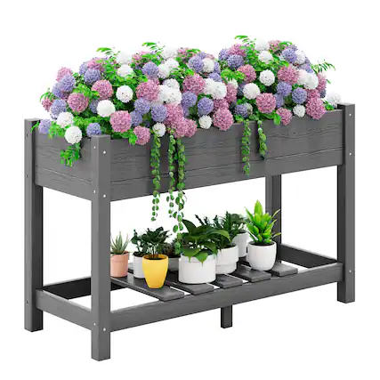 Front. SERWALL - SERWALL Raised Garden Bed with Legs-Gray,HDPE Elevated Planter with Storage Shelf & Drainage Holes - gray.
