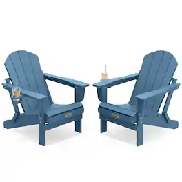 SERWALL - Folding Adirondack Chair Set of 2, Patio Chair with Cup Holder for Patio Garden Outdoors Fire Pit - Blue