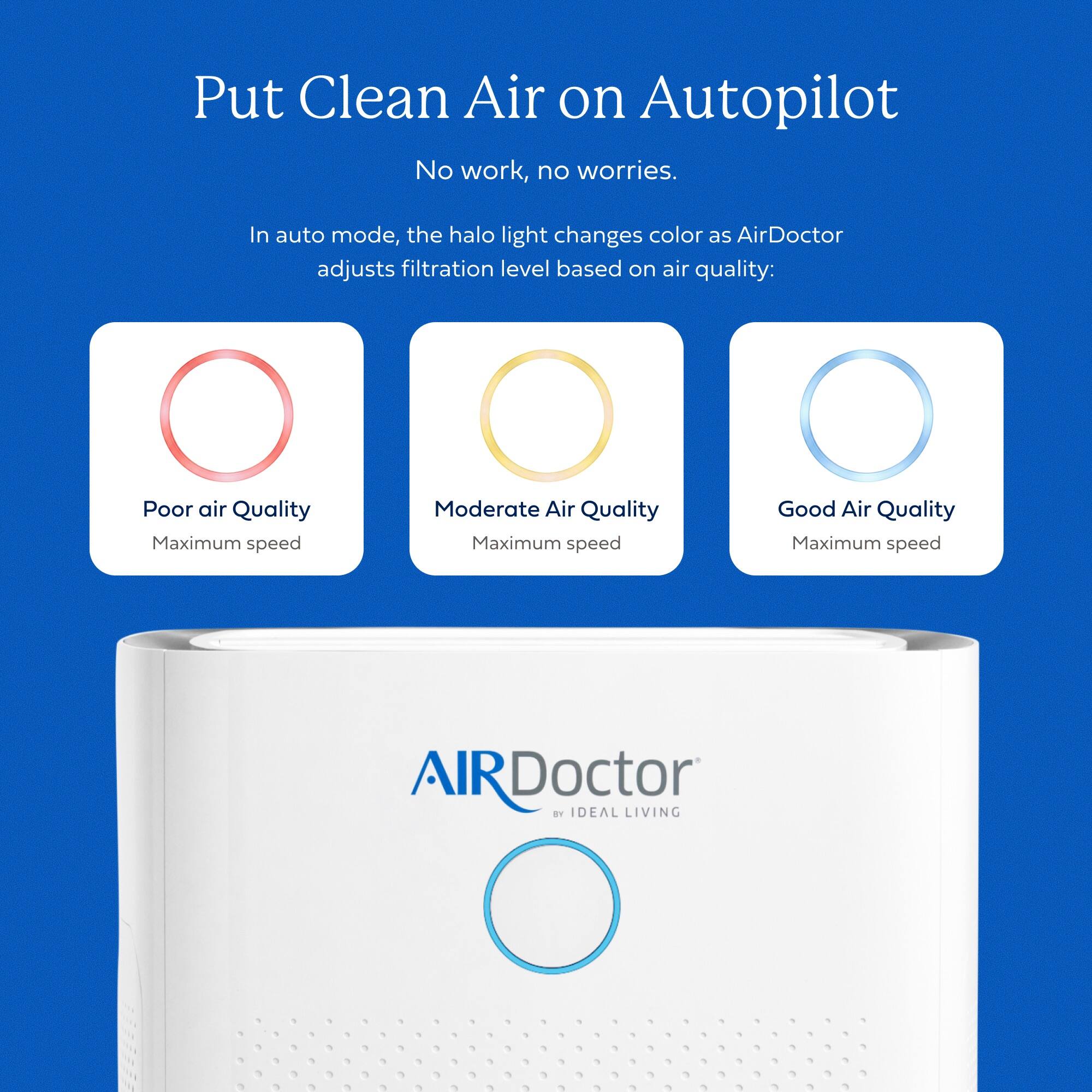 Put Clean Air on Autopilot  
No work, no worries.  

In auto mode, the halo light changes color as AirDoctor adjusts filtration level based on air quality:  

- Poor air Quality  
  Maximum speed  

- Moderate Air Quality  
  Maximum speed  

- Good Air Quality  
  Maximum speed  

AIRDoctor  
IDEAL LIVING