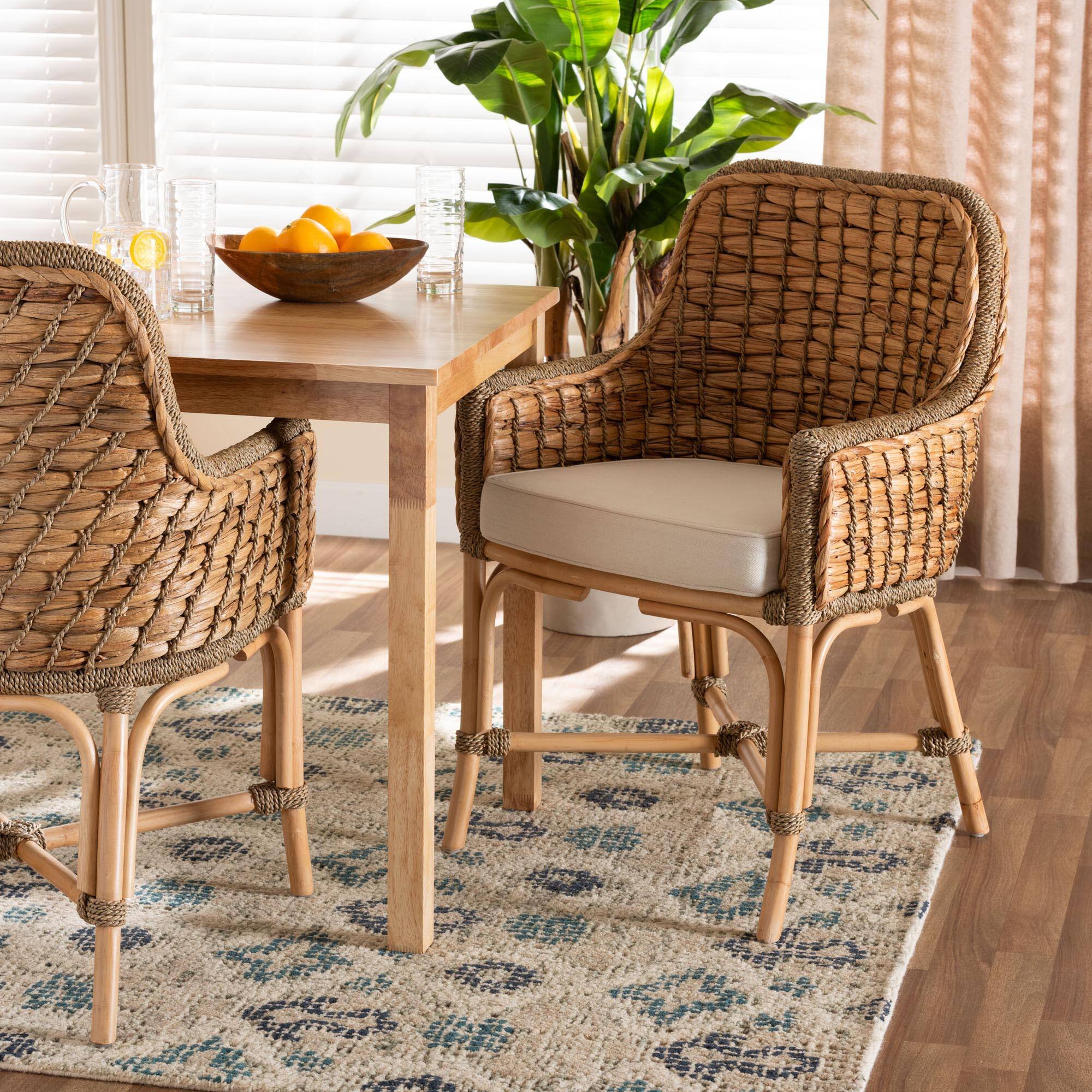 Alt View 4. bali & pari - Kyle Modern Bohemian Woven Rattan Dining Arm Chair with Cushion - White/Natural Brown.