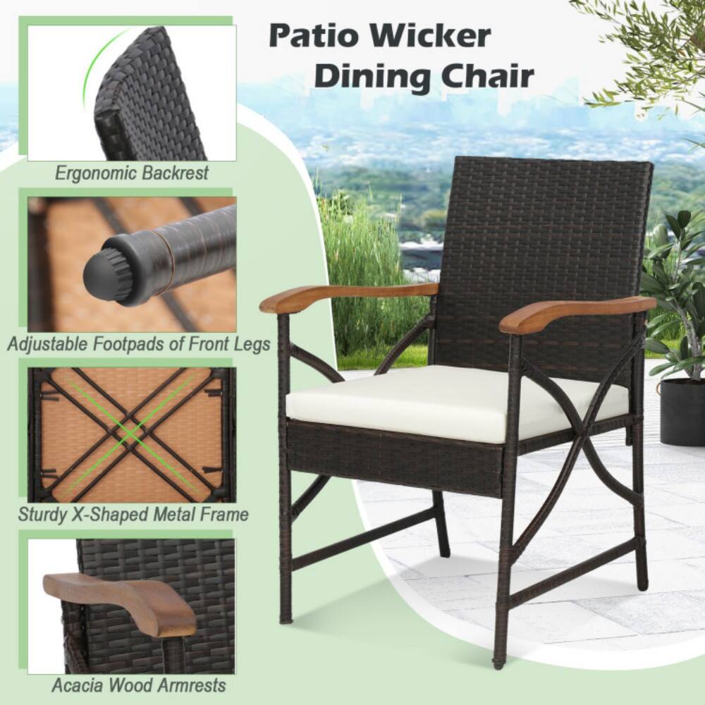 Patio Wicker Dining Chair

- Ergonomic Backrest
- Adjustable Footpads of Front Legs
- Sturdy X-Shaped Metal Frame
- Acacia Wood Armrests