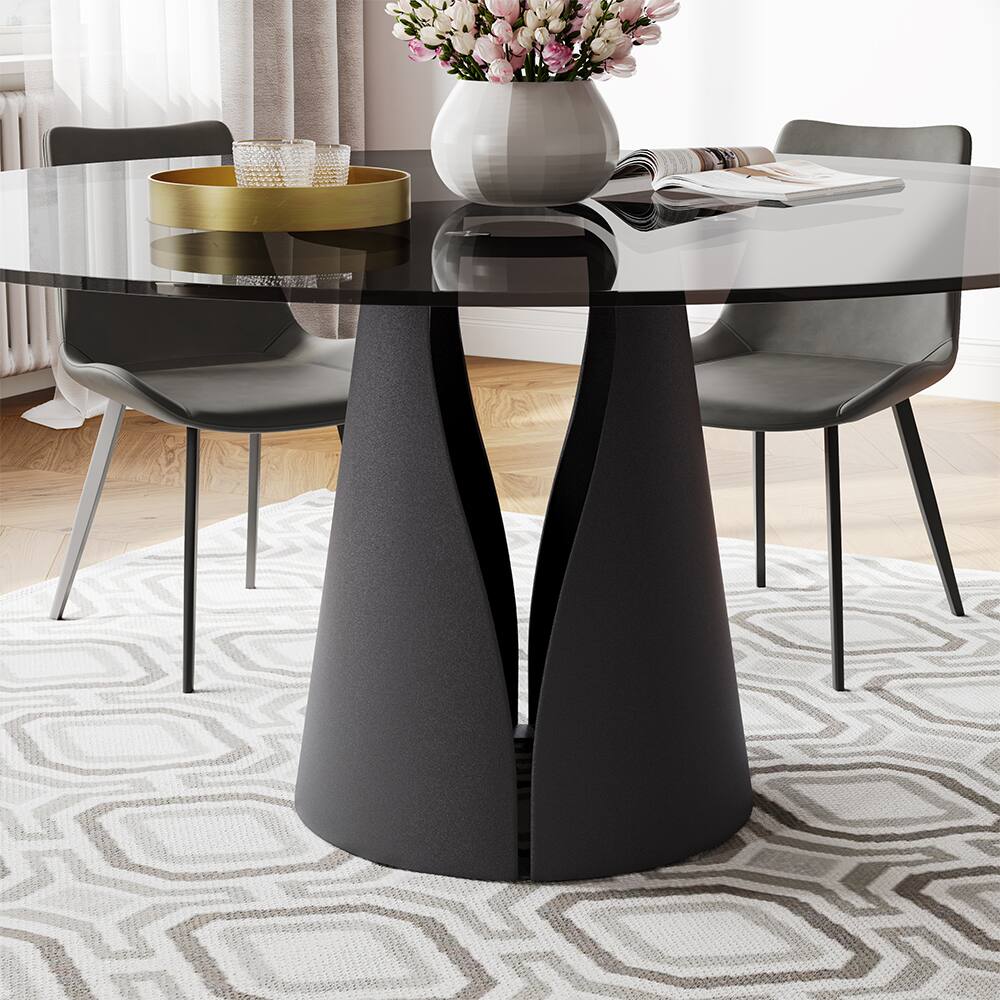 Alt View 2. POVISON - 47" Modern Black Round Dining Table For 4, Tempered Glass Tabletop,Carbon Steel Base - Gray Glass & Black Steel Base.