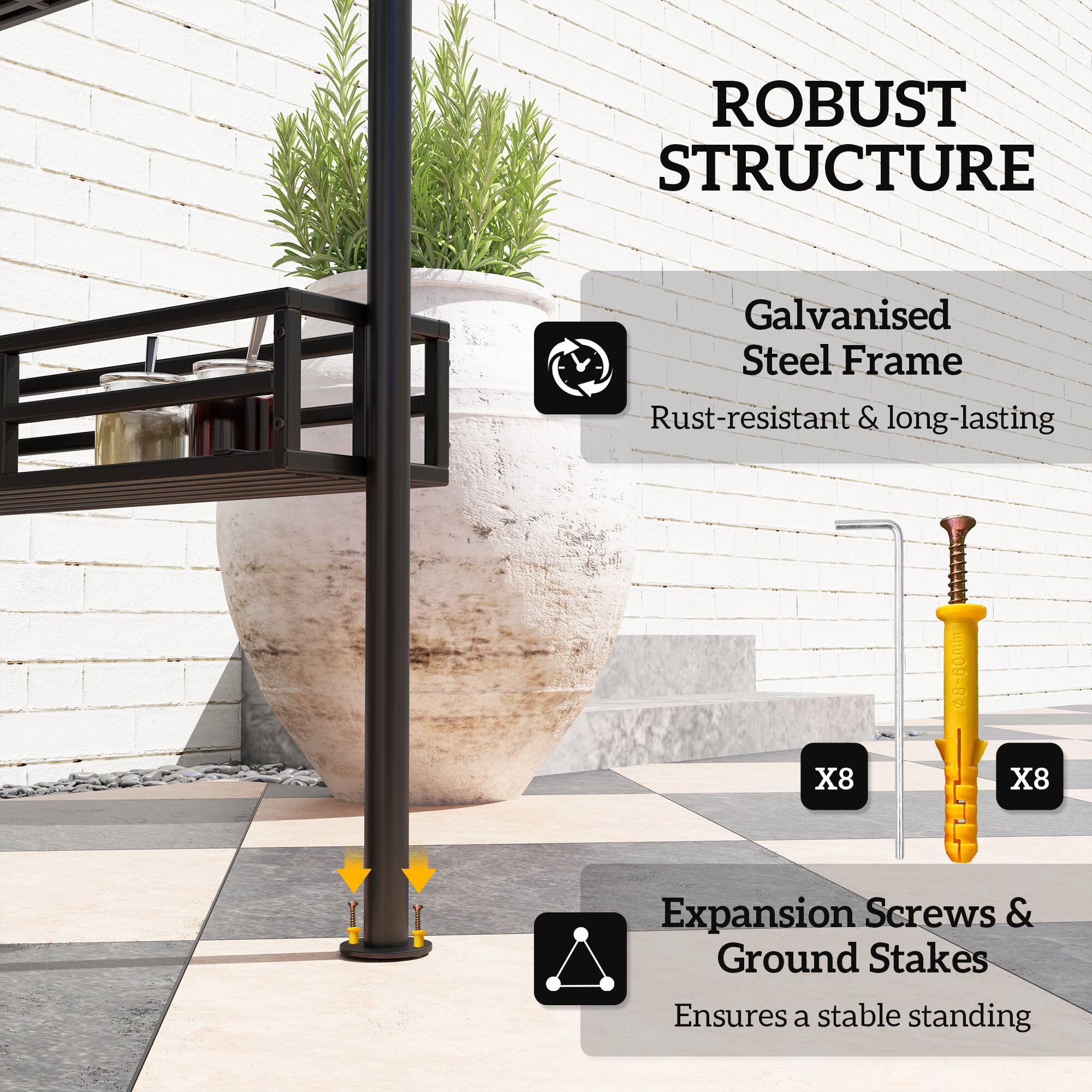 ROBUST STRUCTURE

Galvanised Steel Frame  
Rust-resistant & long-lasting

8-60mm X8 X8 Expansion Screws & Ground Stakes  
Ensures a stable standing