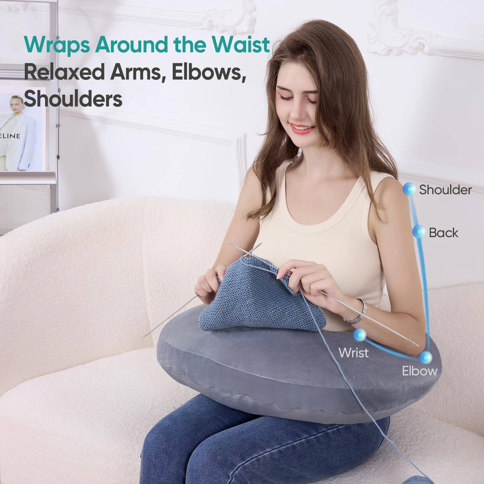 Wraps Around the Waist  
Relaxed Arms, Elbows, Shoulders  

Shoulder  
Back  
Wrist  
Elbow