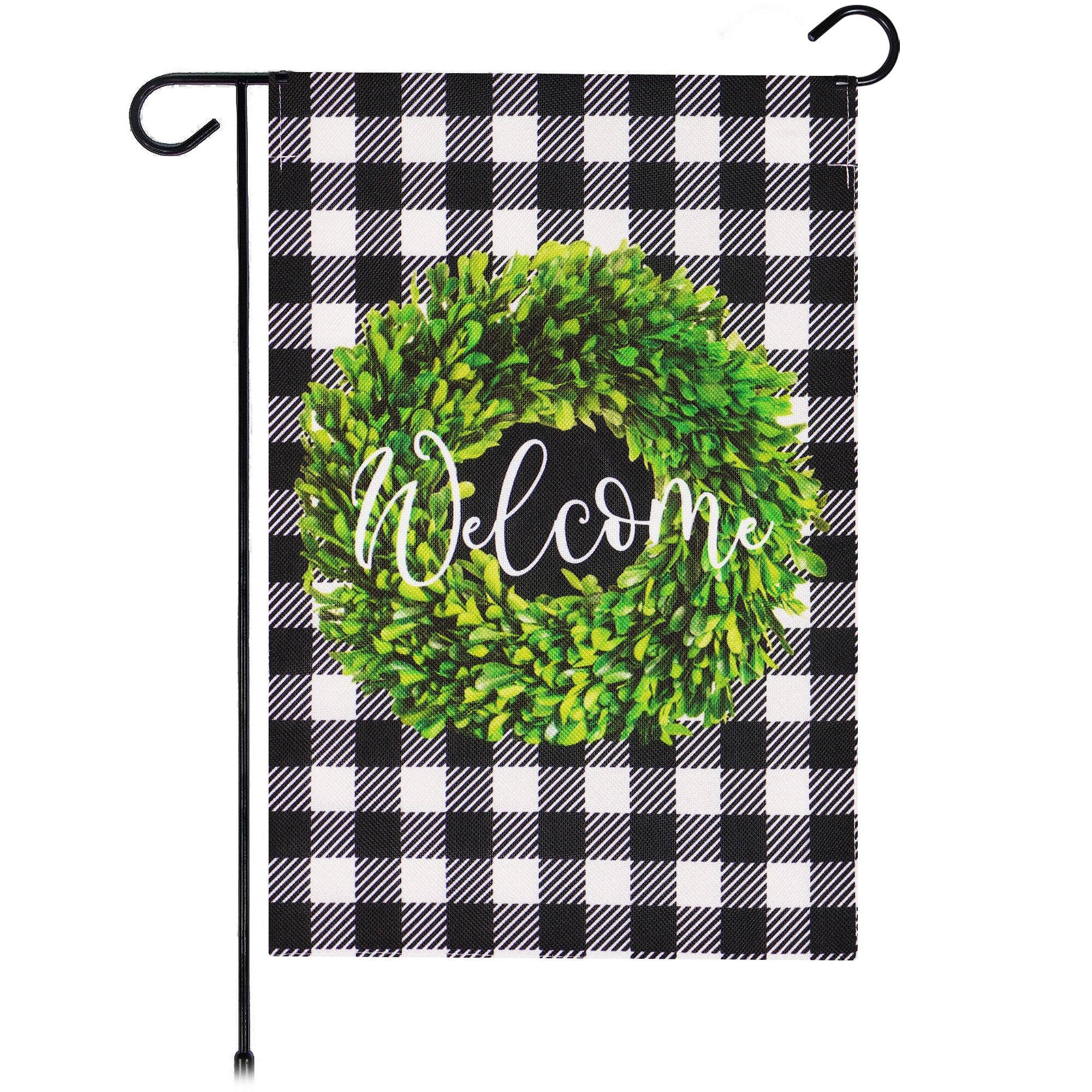 Front. G128 - Garden Flag Welcome Wreath 12 x 18 Inch Printed Burlap Polyester - Everyday Decoration. - Assorted Colors.