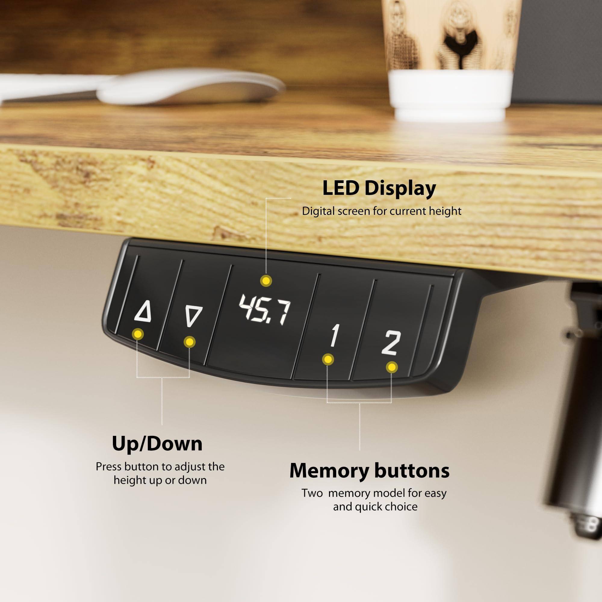 LED Display  
Digital screen for current height  

Up/Down  
Press button to adjust the height up or down  

Memory buttons  
Two memory models for easy and quick choice