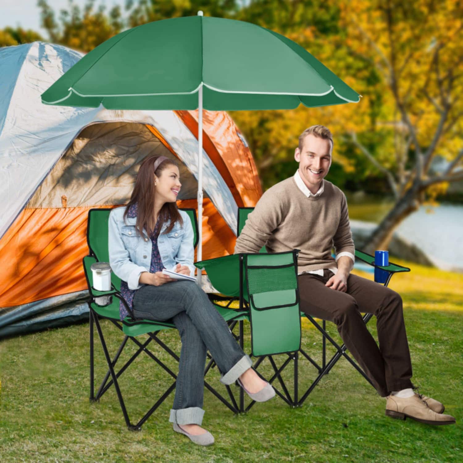 Mondawe - Folding Double Camping Chair w Adjustable Removable Umbrella & Cooler Bag 2-Seat Portable 270 lbs - Green