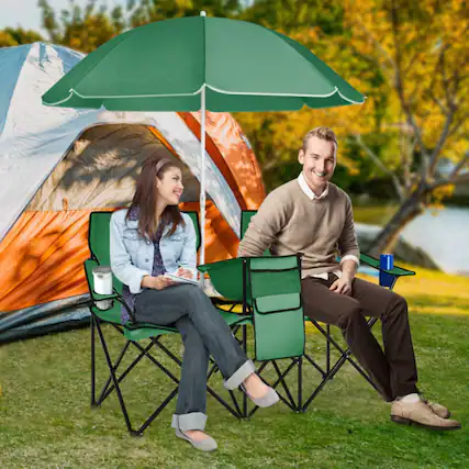 Front. Mondawe - Folding Double Camping Chair w Adjustable Removable Umbrella & Cooler Bag 2-Seat Portable 270 lbs - Green.