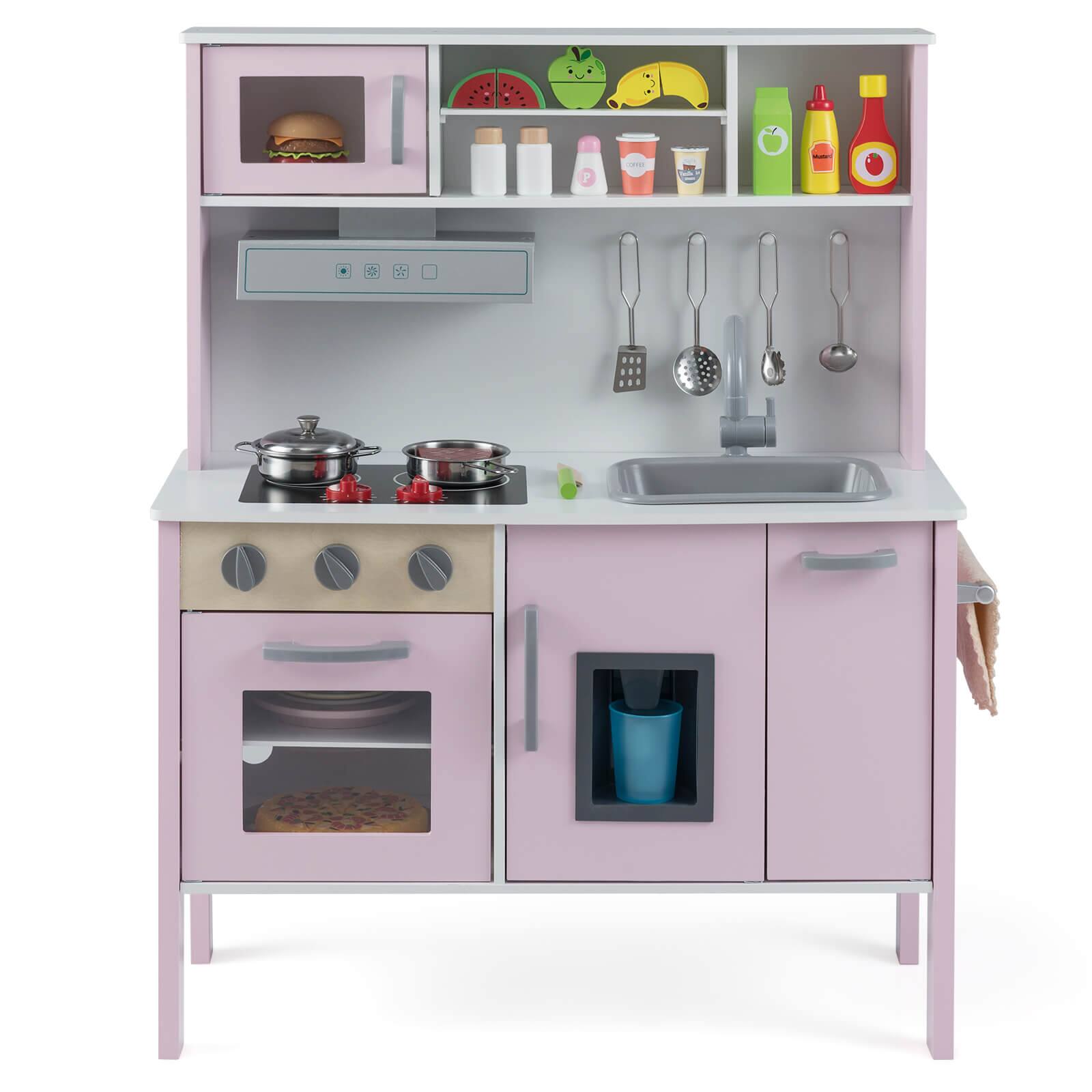 Alt View 9. Costway - Costway Kids Kitchen Playset Wooden Pretend Play Chef Toy with Microwave & Accessories - Pink,White.