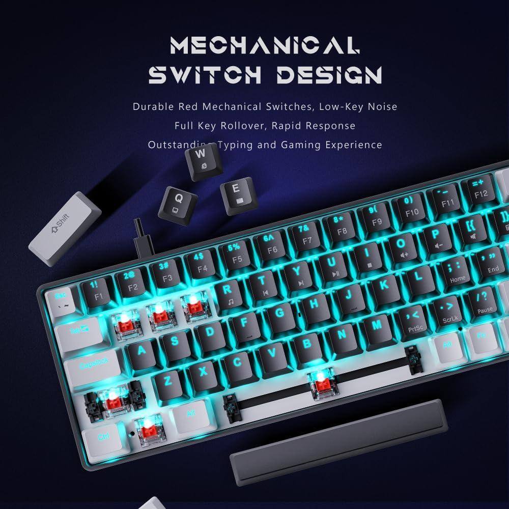 **MECHANICAL SWITCH DESIGN**

- Durable Red Mechanical Switches
- Low-Key Noise
- Full Key Rollover
- Rapid Response
- Outstanding Typing and Gaming Experience

**Key Features:**
- Shift
- Caps Lock
- Escape
- Function Keys (F1-F12)
- Number Keys (1-0)
- Alphanumeric Keys (Q-W-E-R-T-Y-U-I-O-P, A-S-D-F-G-H-J-K-L, Z-X-C-V-B-N-M)
- Arrow Keys
- Enter
- Spacebar
- Alt, Ctrl, Windows, Menu
- Print Screen, Scroll Lock, Pause
- Home, End, Page Up, Page Down
- Media Controls (Play/Pause, Mute, Volume Up/Down)