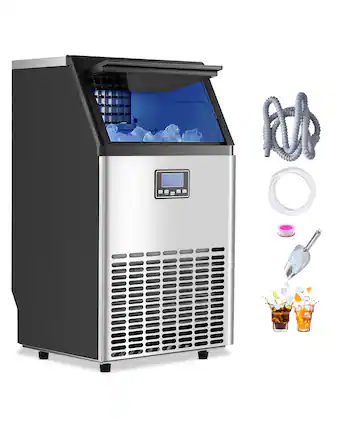Front. VEVOR - Commercial Ice Maker Machine, 100lbs/24H Ice Maker Machine with 33lbs Storage Capacity, 45 Ice Cubes in 15 Minutes - Stainless steel primary color.