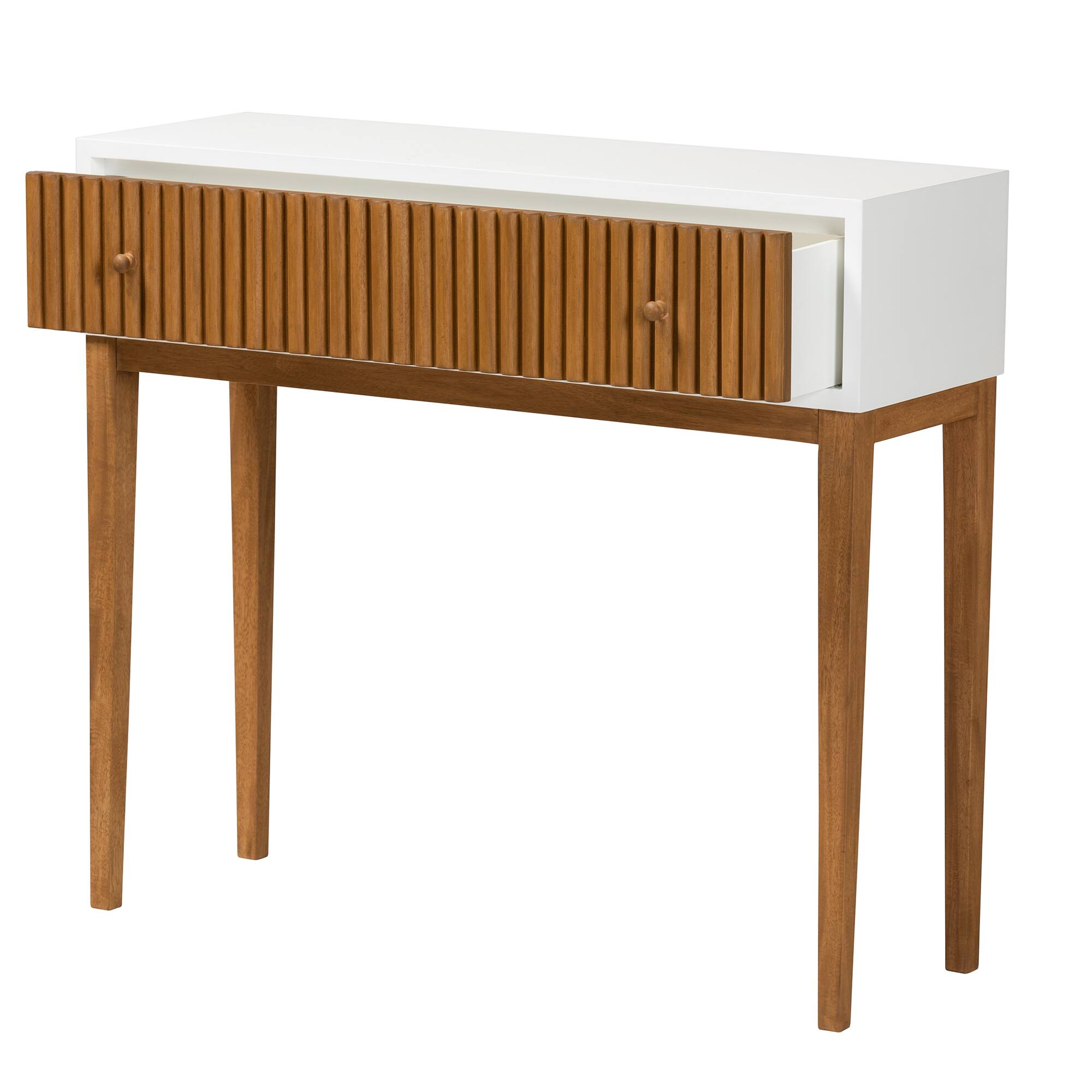 Angle. bali & pari - Odile Mid-Century Modern Bayur Wood 1-Drawer Console Table - Natural Brown/White.