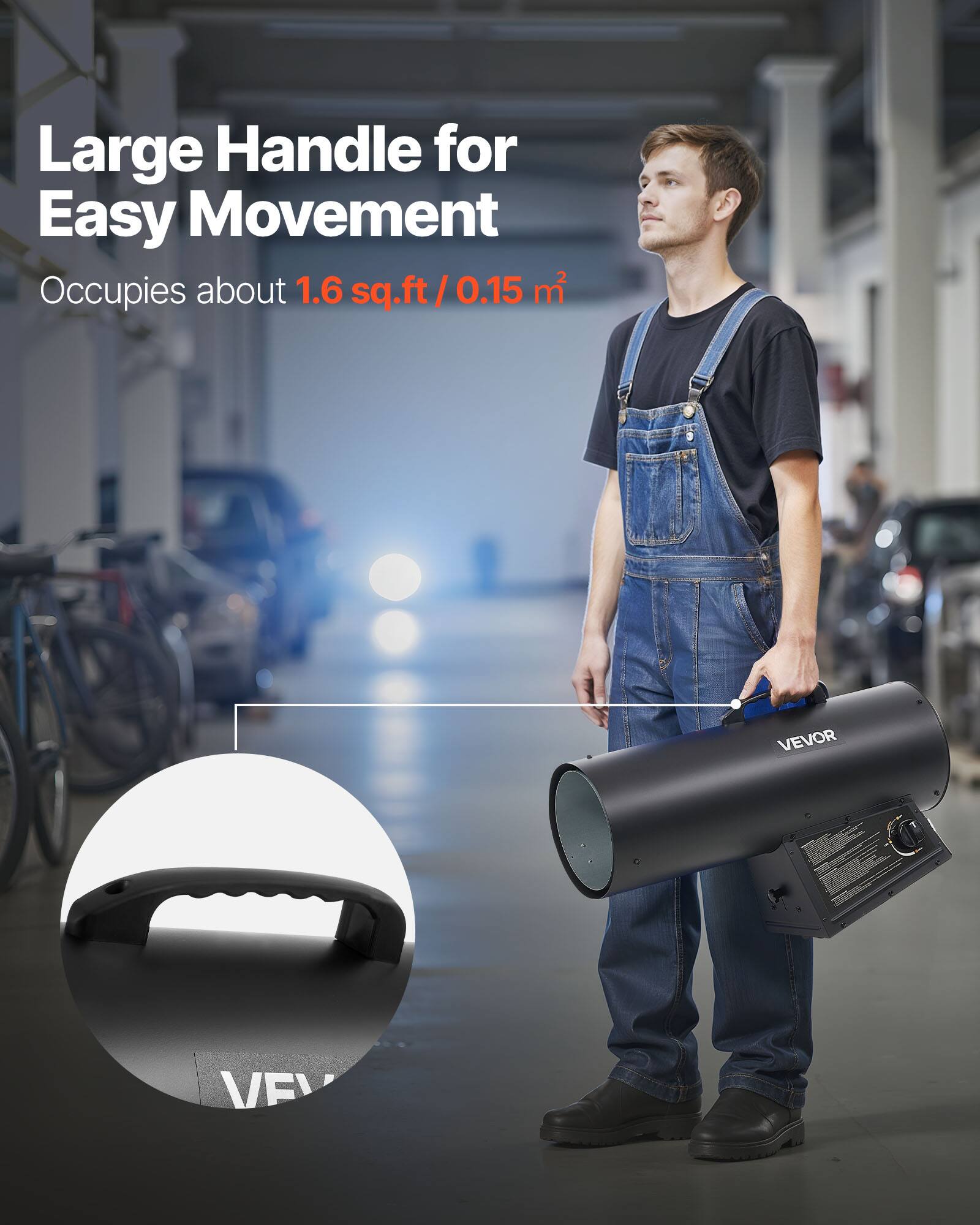 Large Handle for Easy Movement  
Occupies about 1.6 sq.ft / 0.15 m²