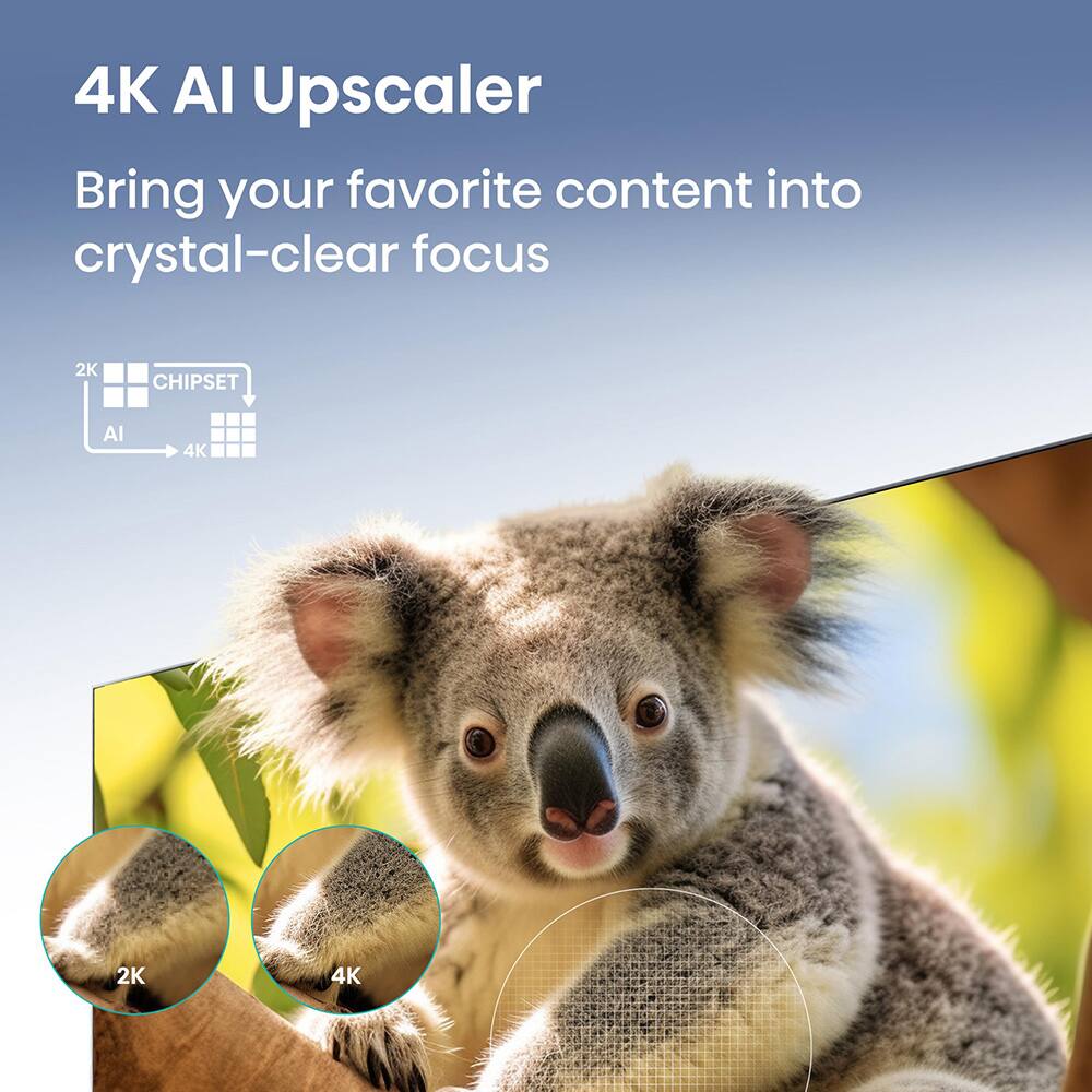 4K AI Upscaler  
Bring your favorite content into crystal-clear focus  

2K CHIPSET AI → 4K  

2K  
4K