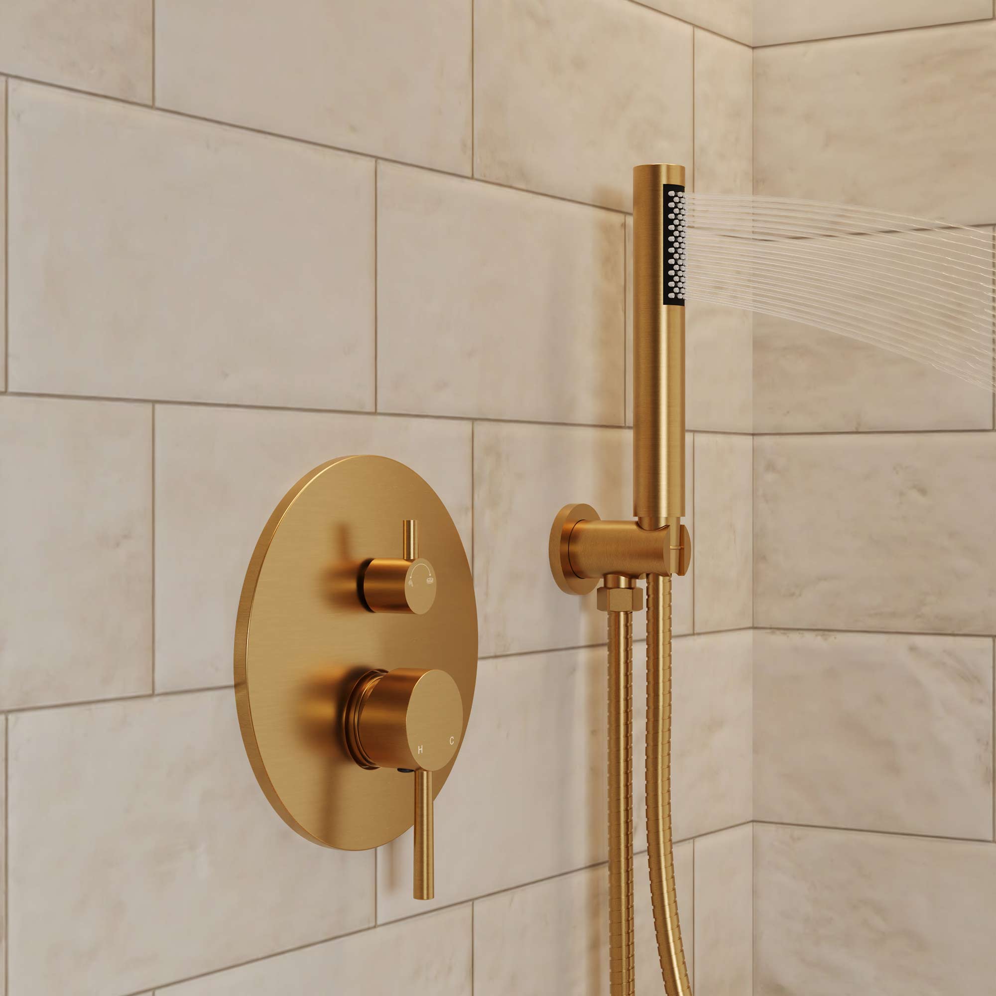 Alt View 2. GRANDJOY - Pressure Balanced Shower System with 10" Rain Shower Head, Handheld Shower and Anti‑Scald Valve - Brushed Gold.