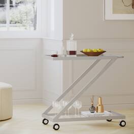APRILSOUL - Z Frame Glass Bar Cart Rolling Iron Locking Wheels Modern Minimalist Serving Trolley - Silver