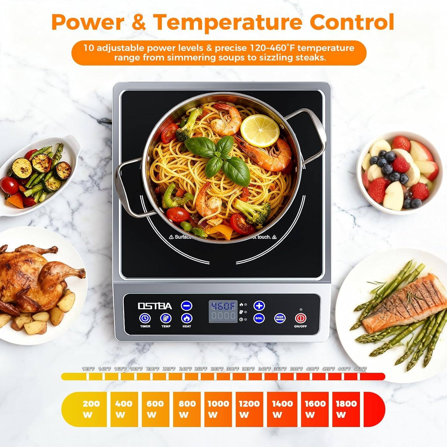 Power & Temperature Control

10 adjustable power levels & precise 120-460°F temperature range from simmering soups to sizzling steaks.

Surface touch.