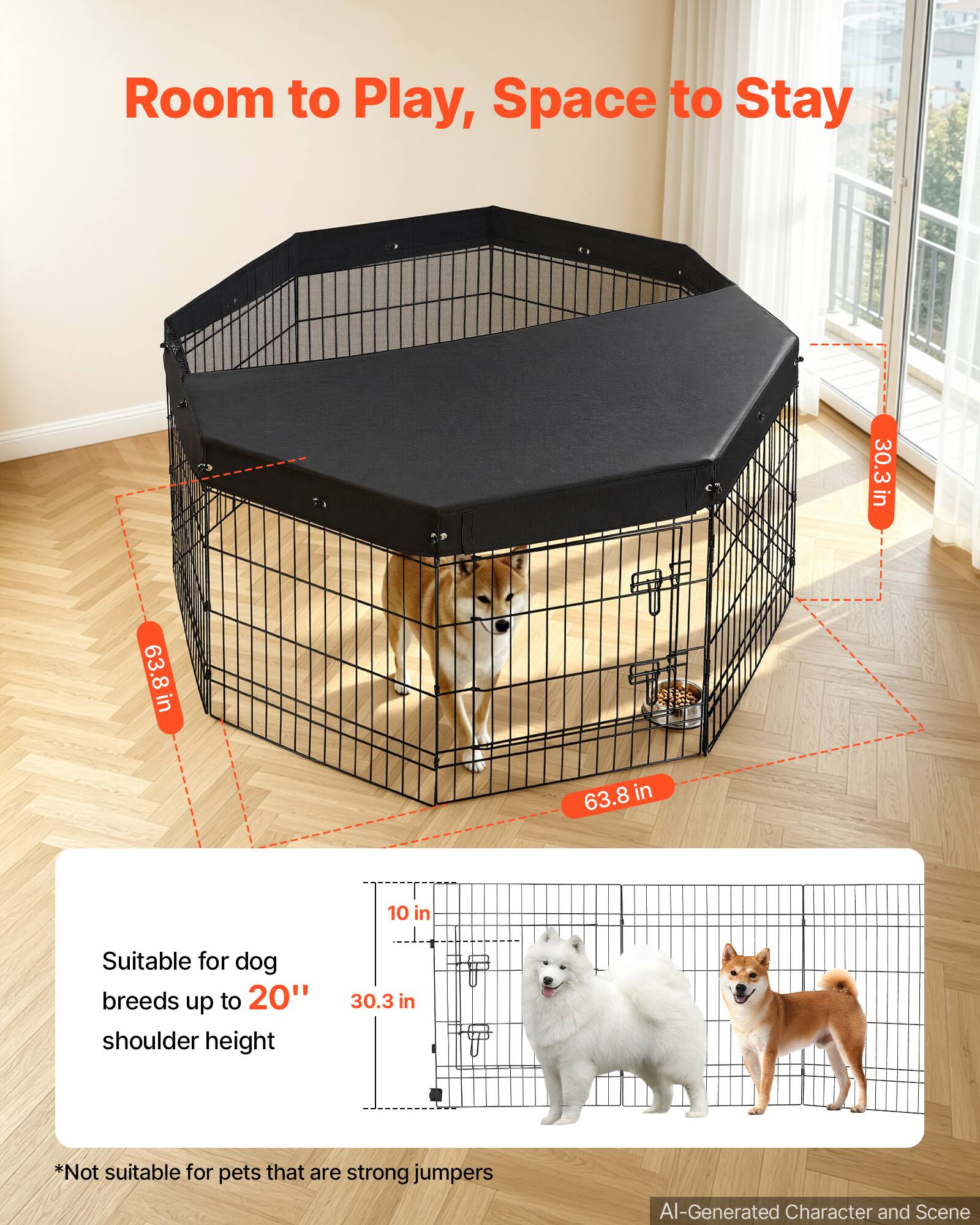 Room to Play, Space to Stay

30.3 in x 63.8 in x 63.8 in

Suitable for dog breeds up to 20" shoulder height

*Not suitable for pets that are strong jumpers

AI-Generated Character and Scene